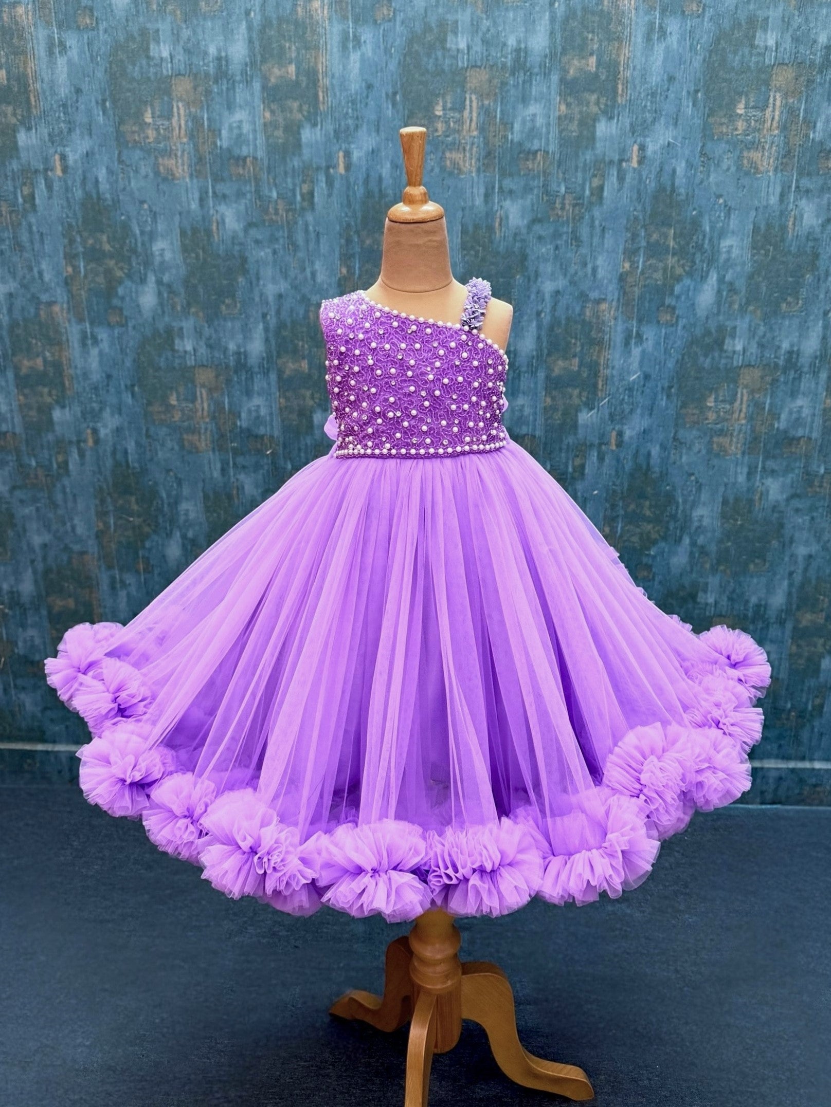 Pearl and crystal handcrafted Lavender Ruffle Princess Gown