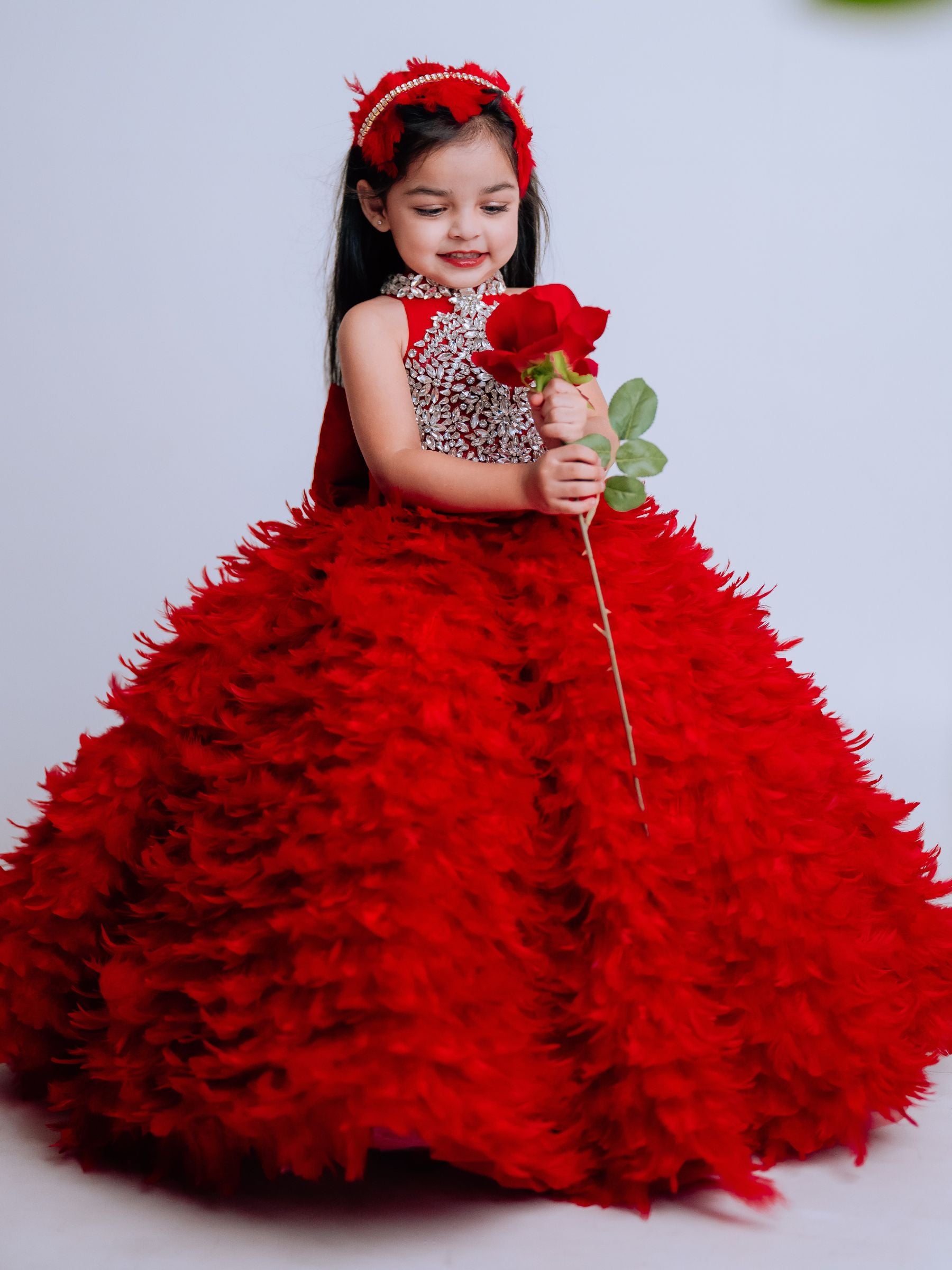 Feathered Ball Gown with Stone Embroidery Bodies