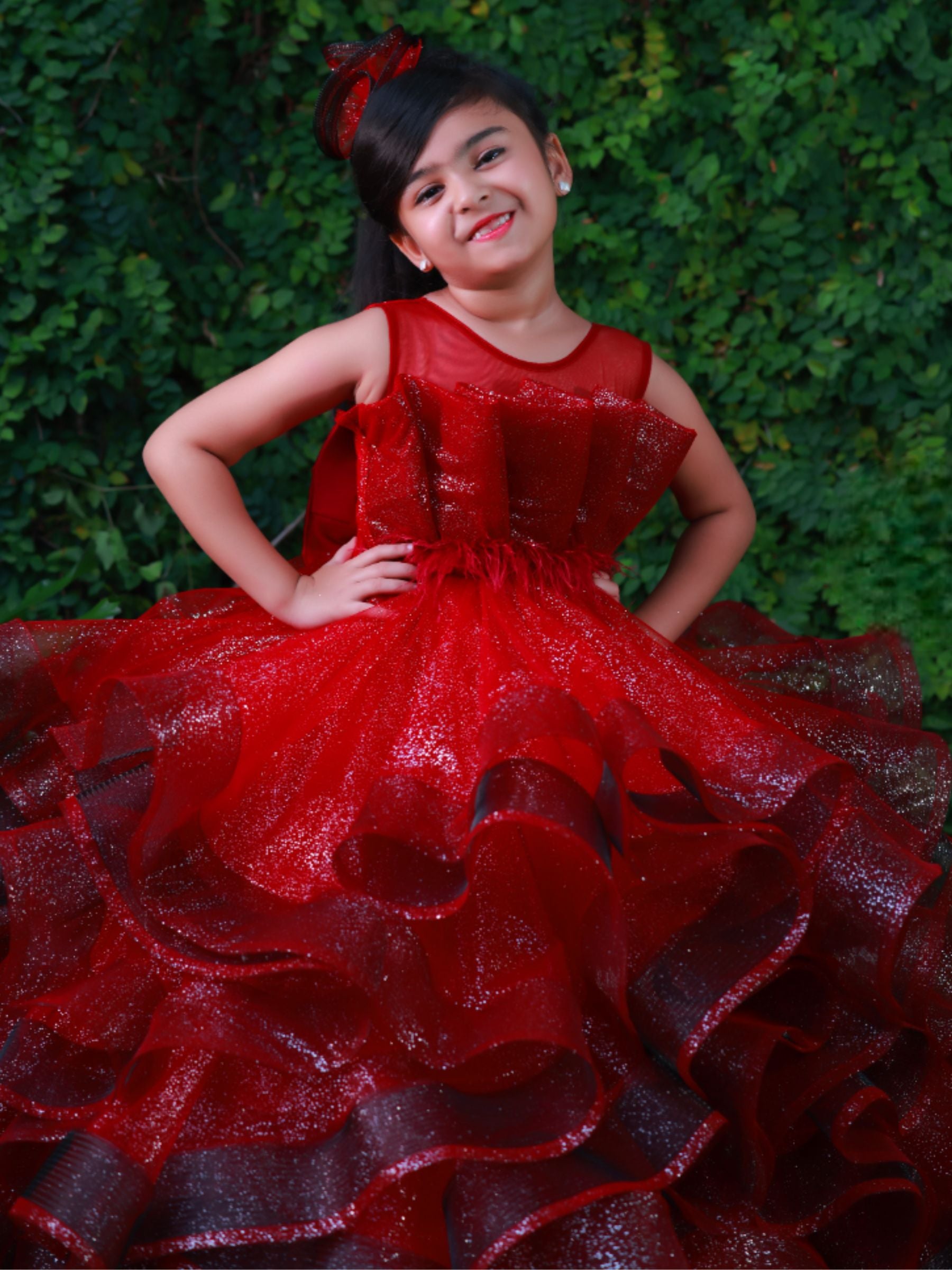 Glitter red ruffle ball gown with embossing top