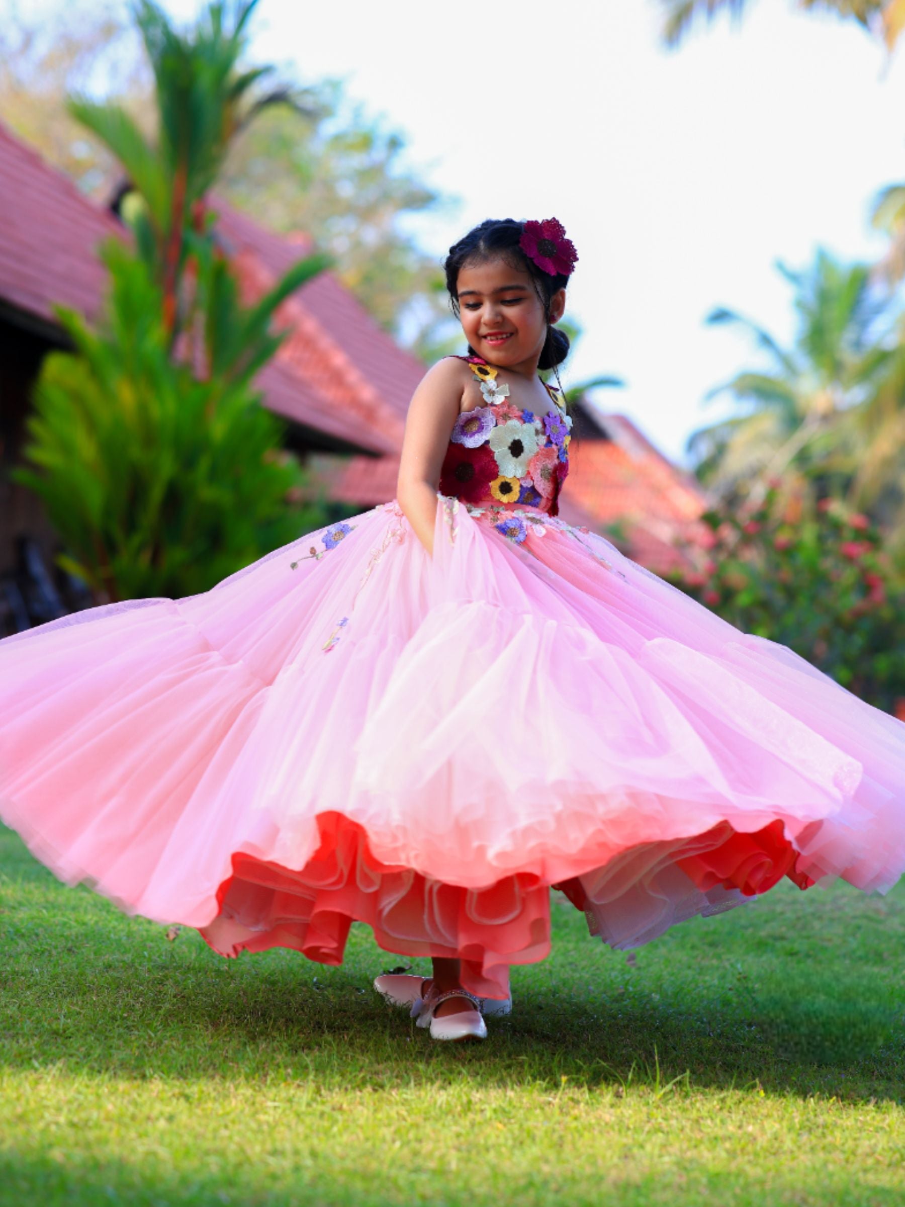 Peach Fairy Garden Floral Ball gown With Butterfly Wings