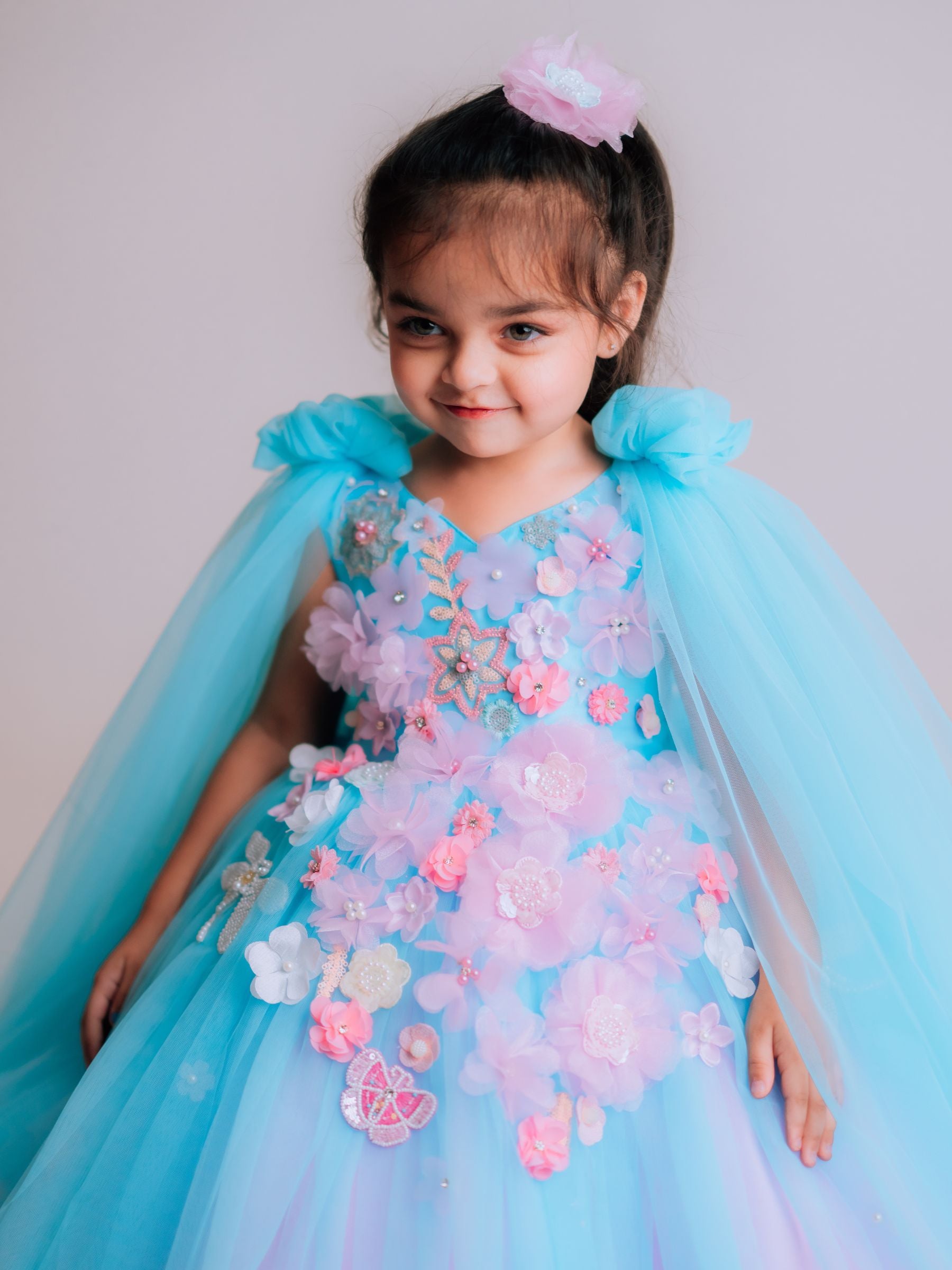 PINK AND BLUE FLORAL HALF LENGTH GOWN