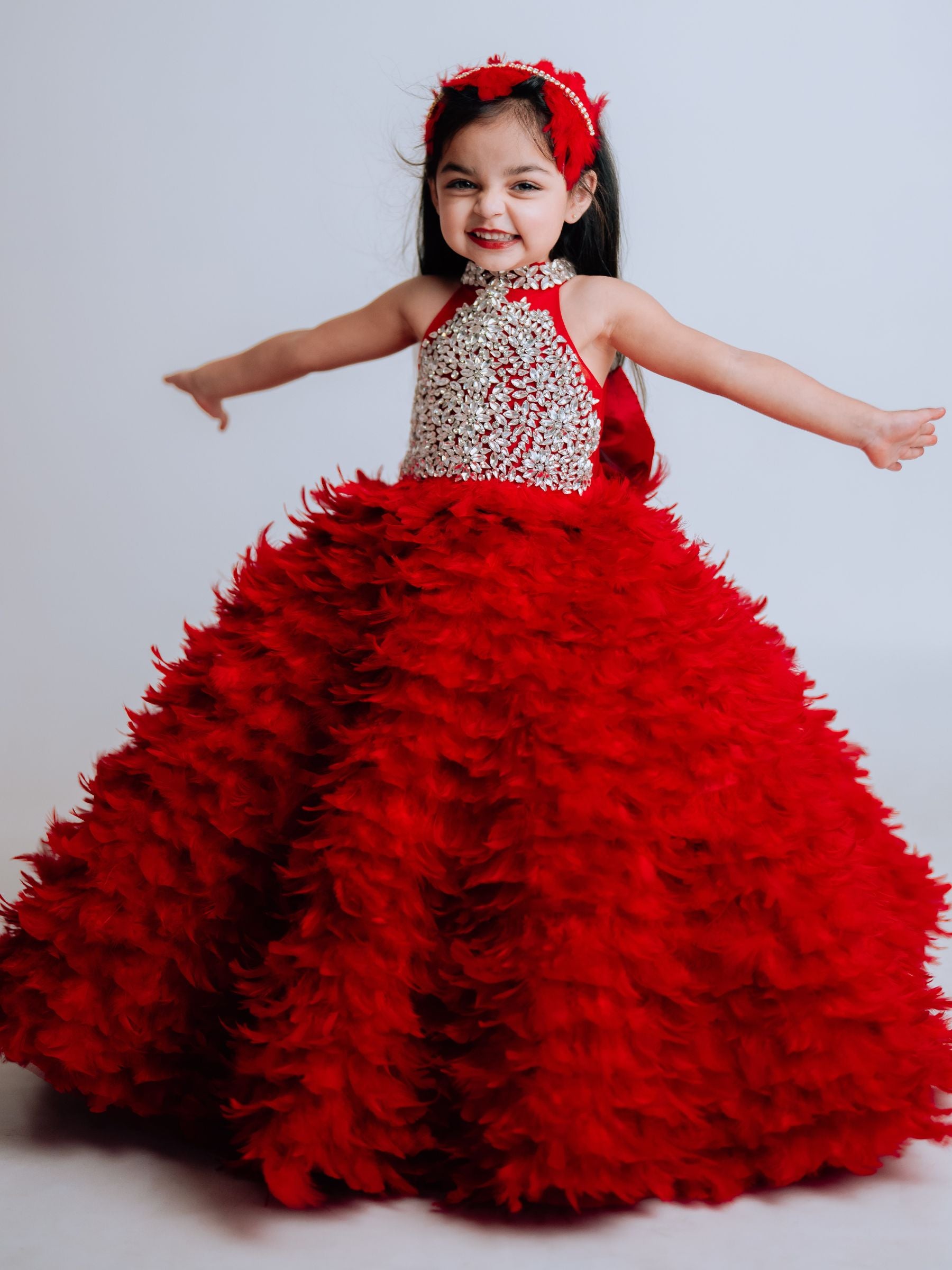 Feathered Ball Gown with Stone Embroidery Bodies