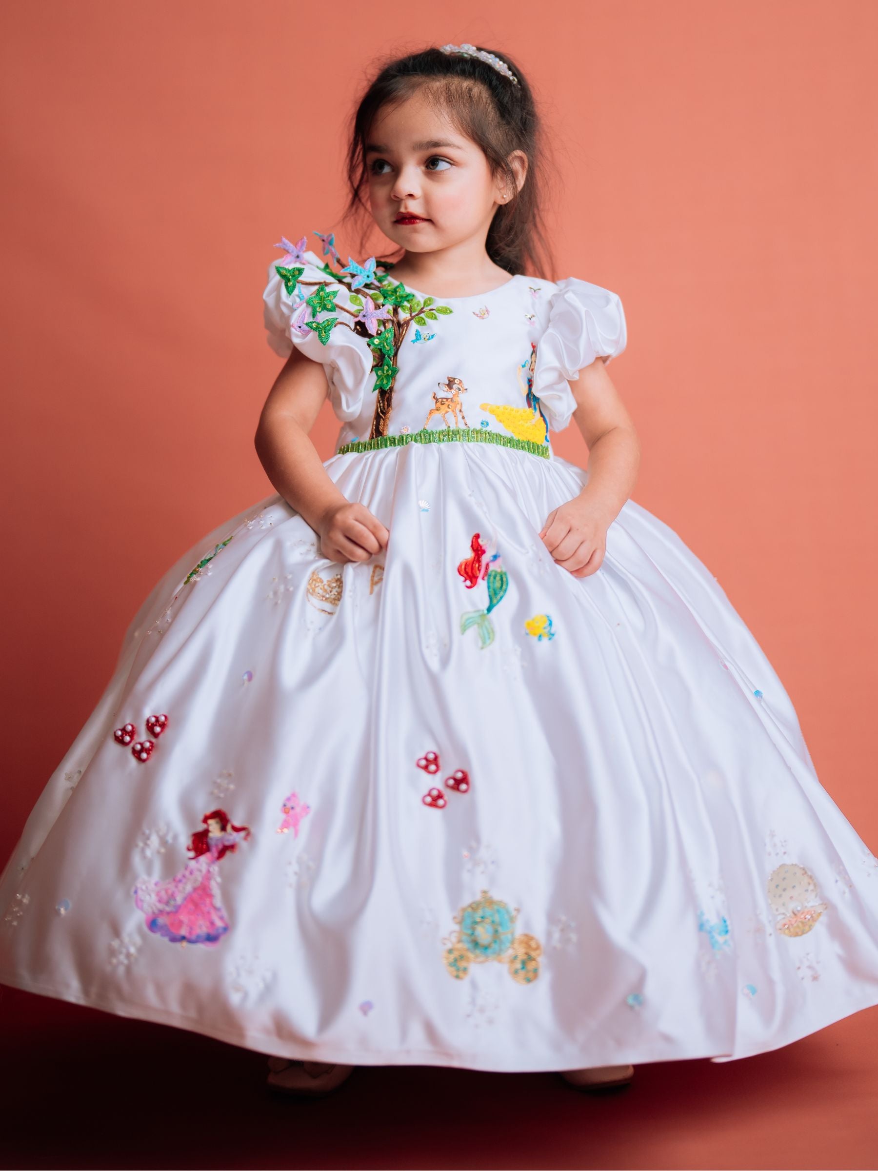 DISNEY BALL GOWN WITH HAMD EMBROIDERED CHARACTERS