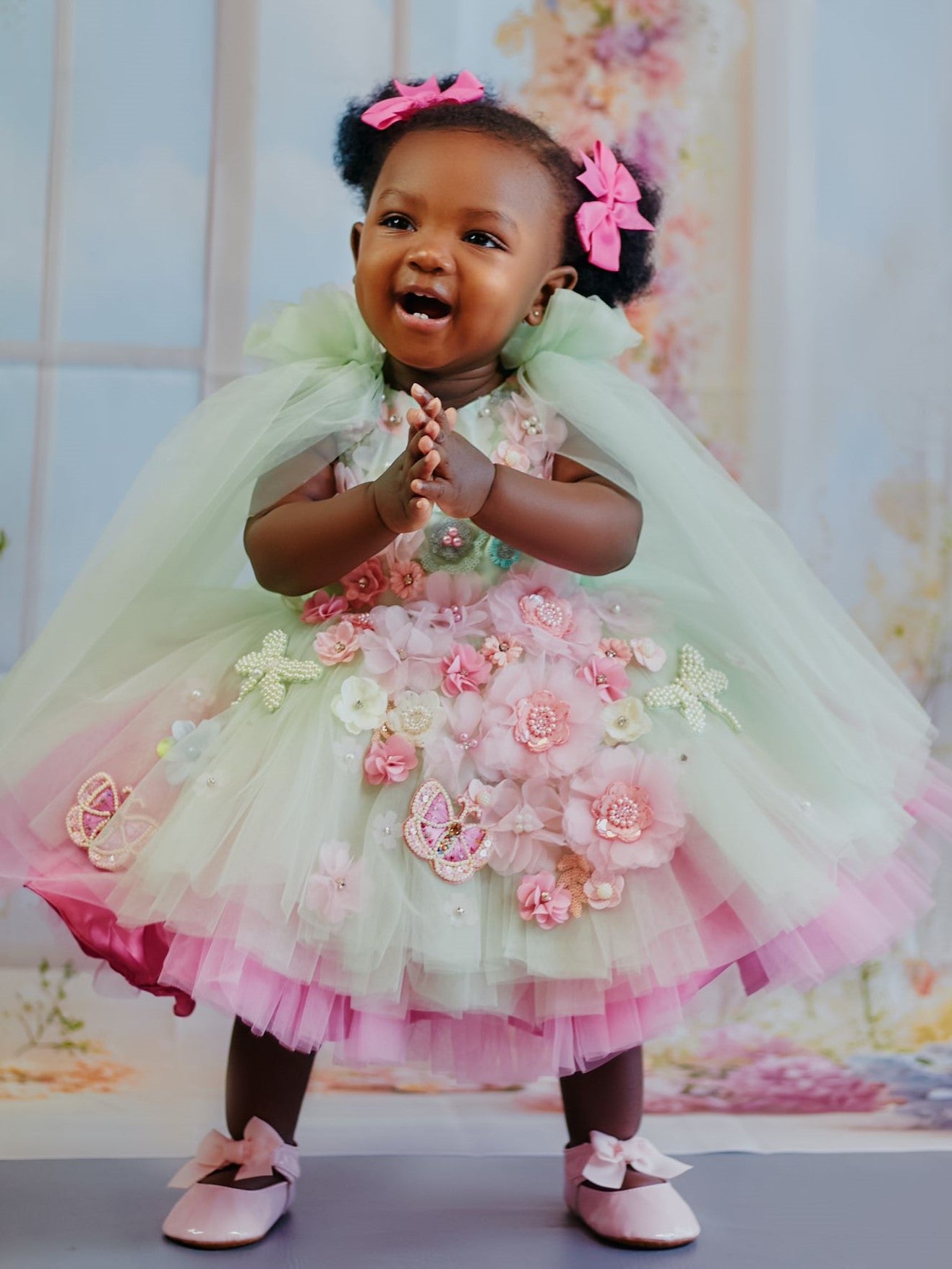 PINK AND GREEN FLORAL HALF LENGTH GOWN 2-3Y