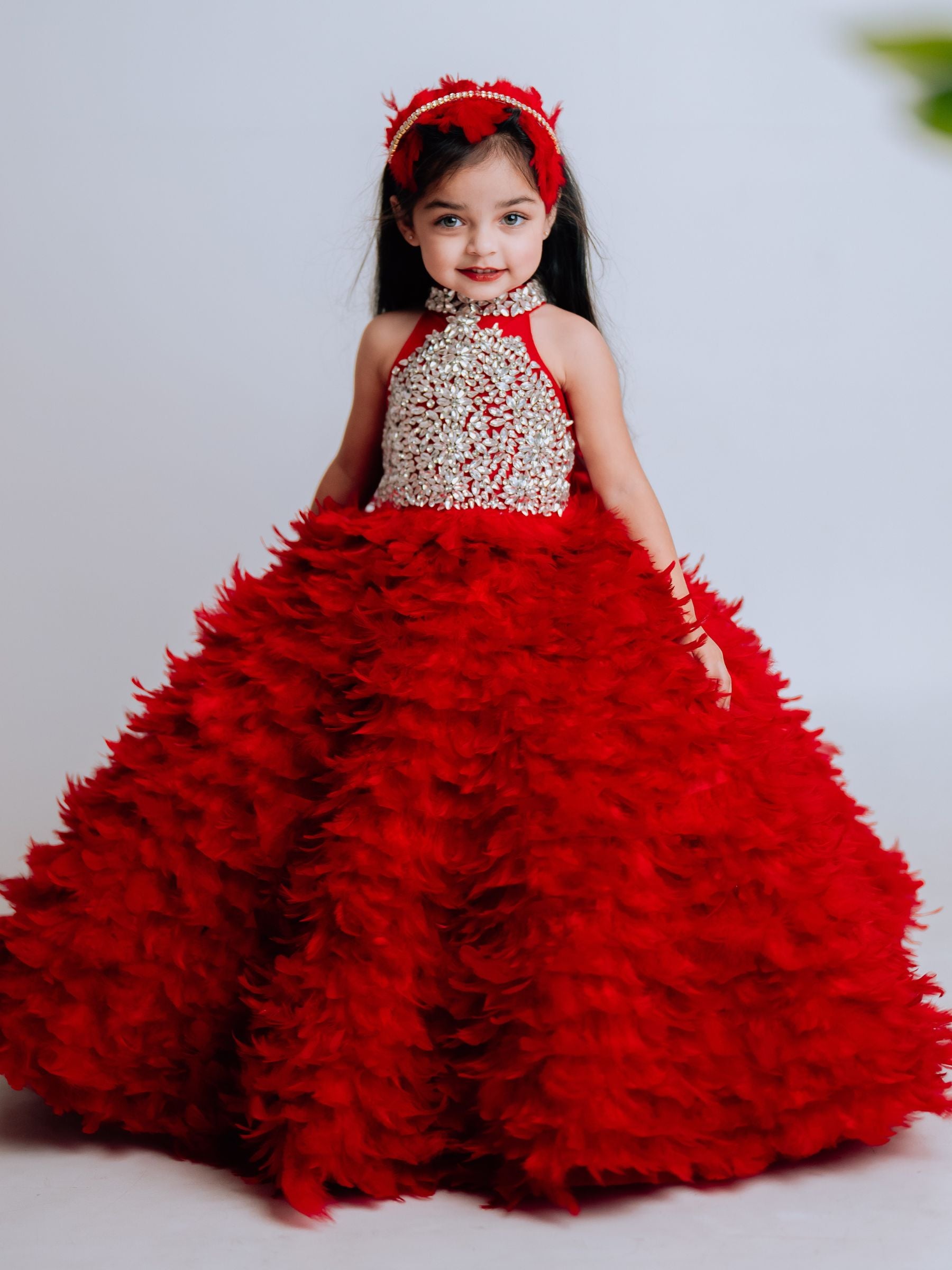 Feathered Ball Gown with Stone Embroidery Bodies