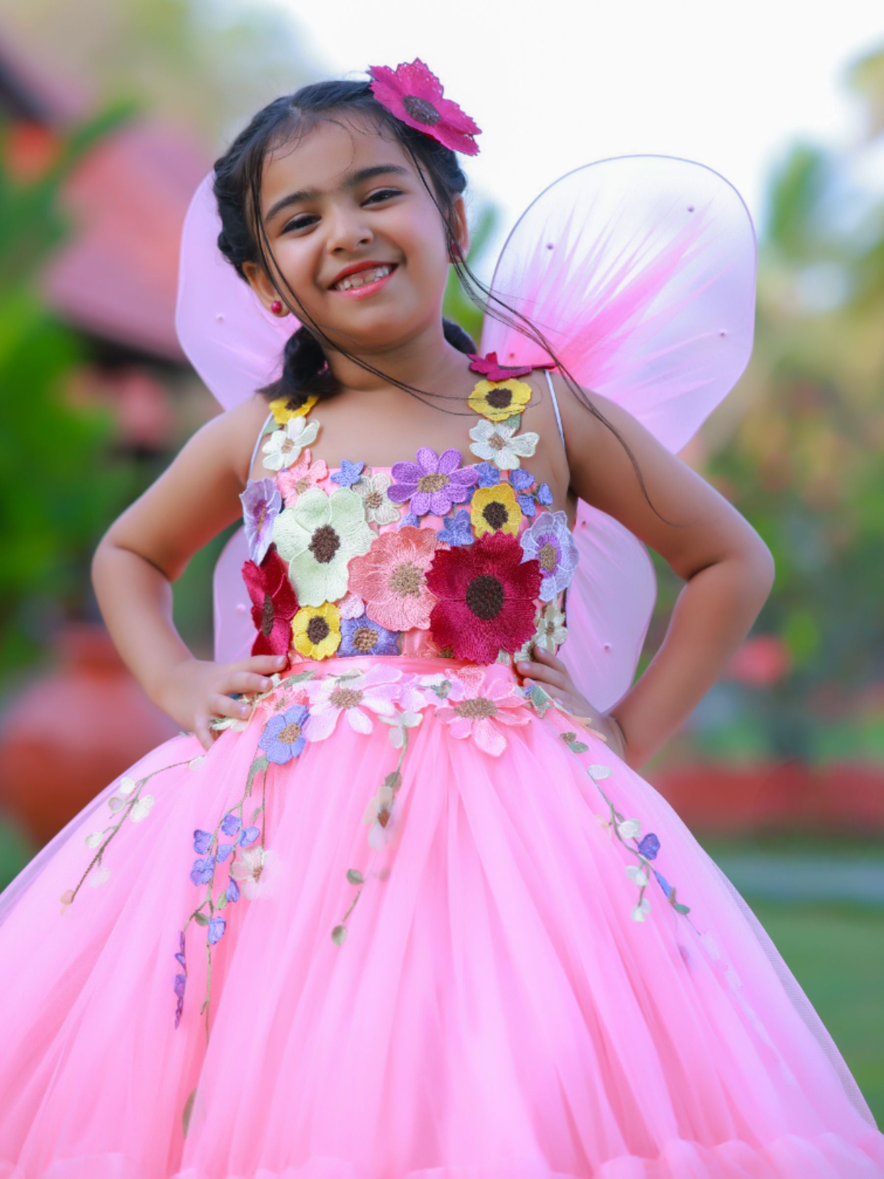 Peach Fairy Garden Floral Ball gown With Butterfly Wings