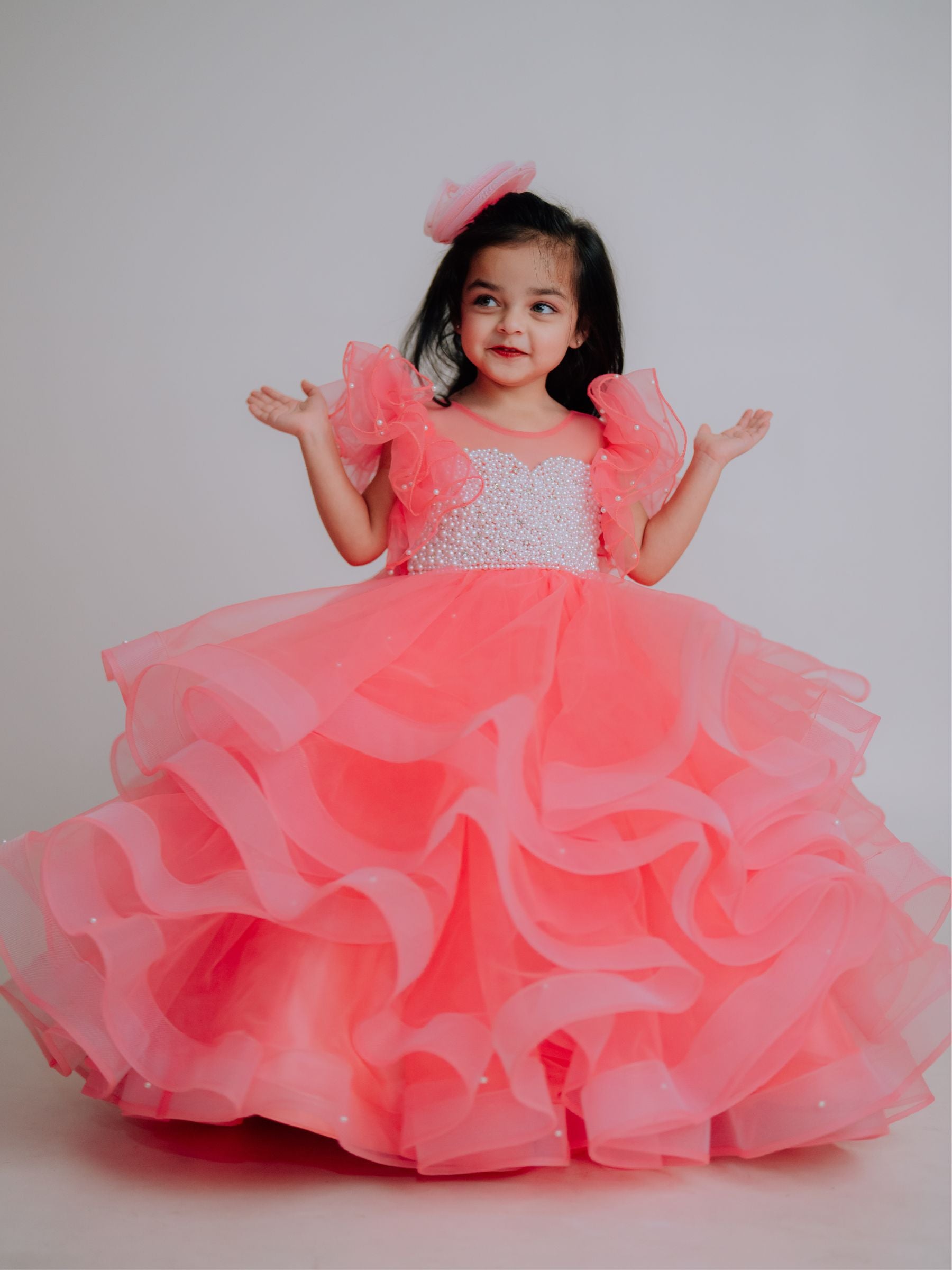 Ruffle Ball Gown With Pearl Hand Embroidered Bodice