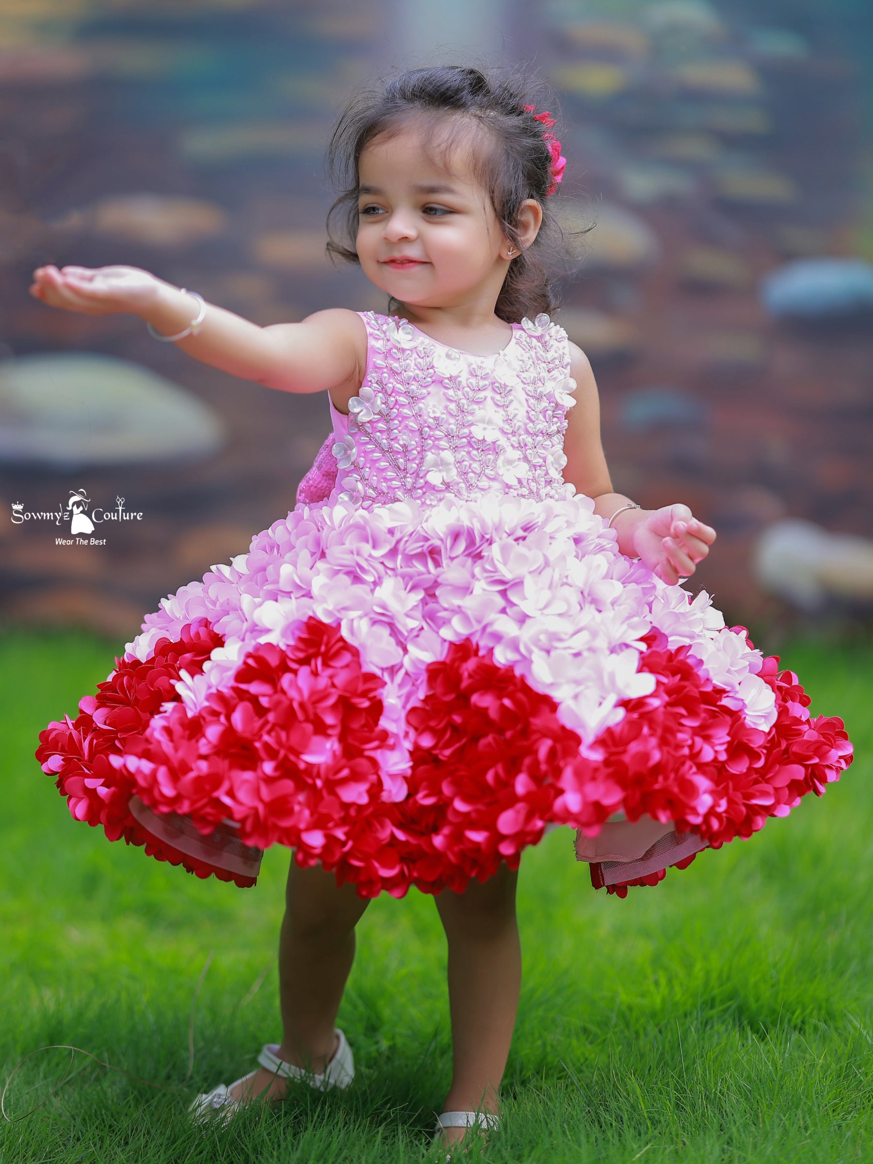 Ombre 3D Floral Embroidered Knee Length Gown