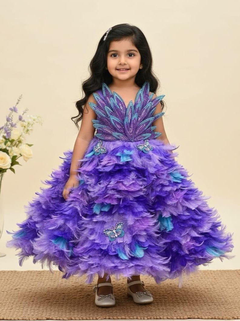 purple ombre feather panel gown with heavy petal embroidery top