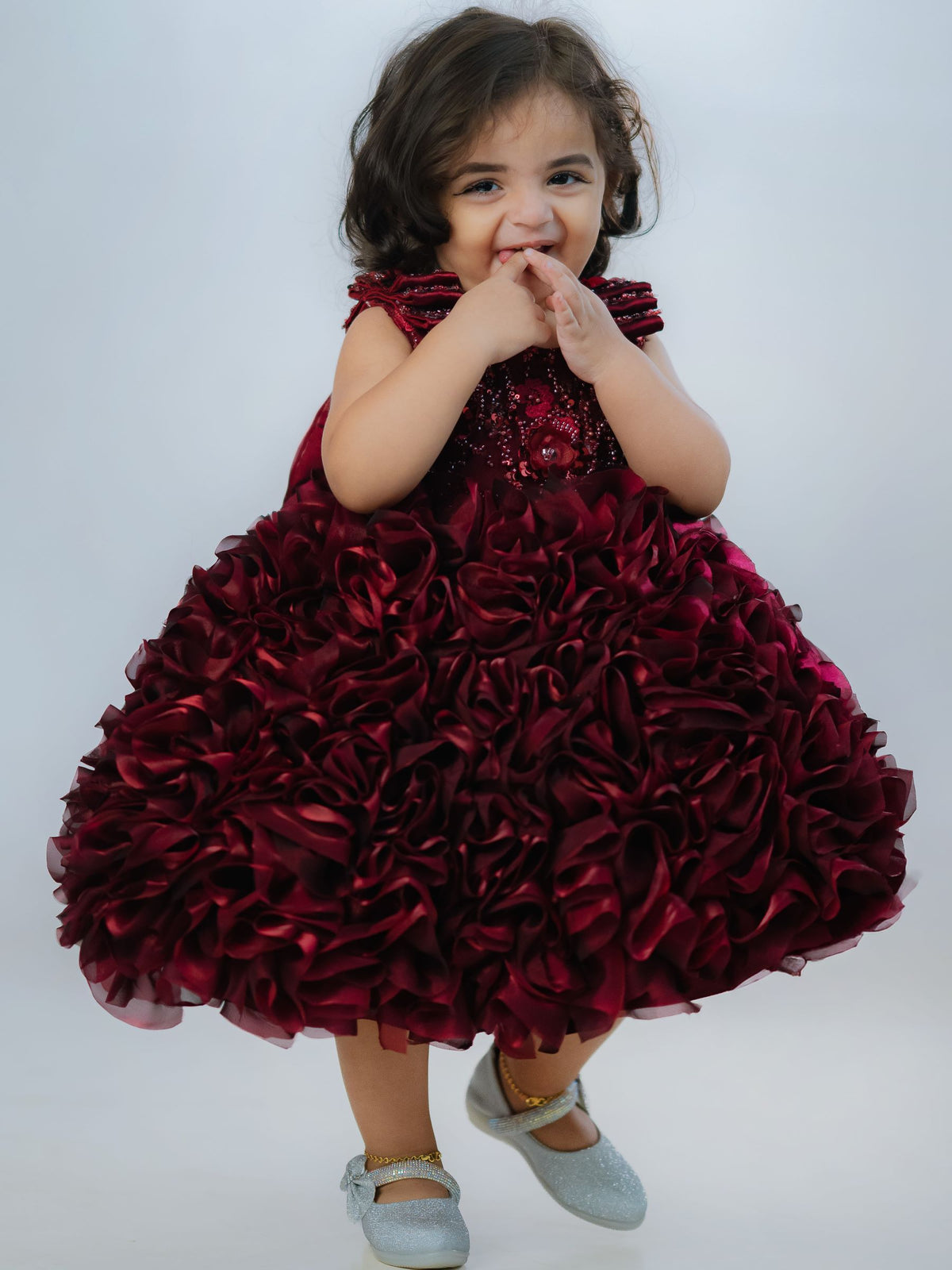 Deep Wine Ruffle-Cascade Ball Gown
