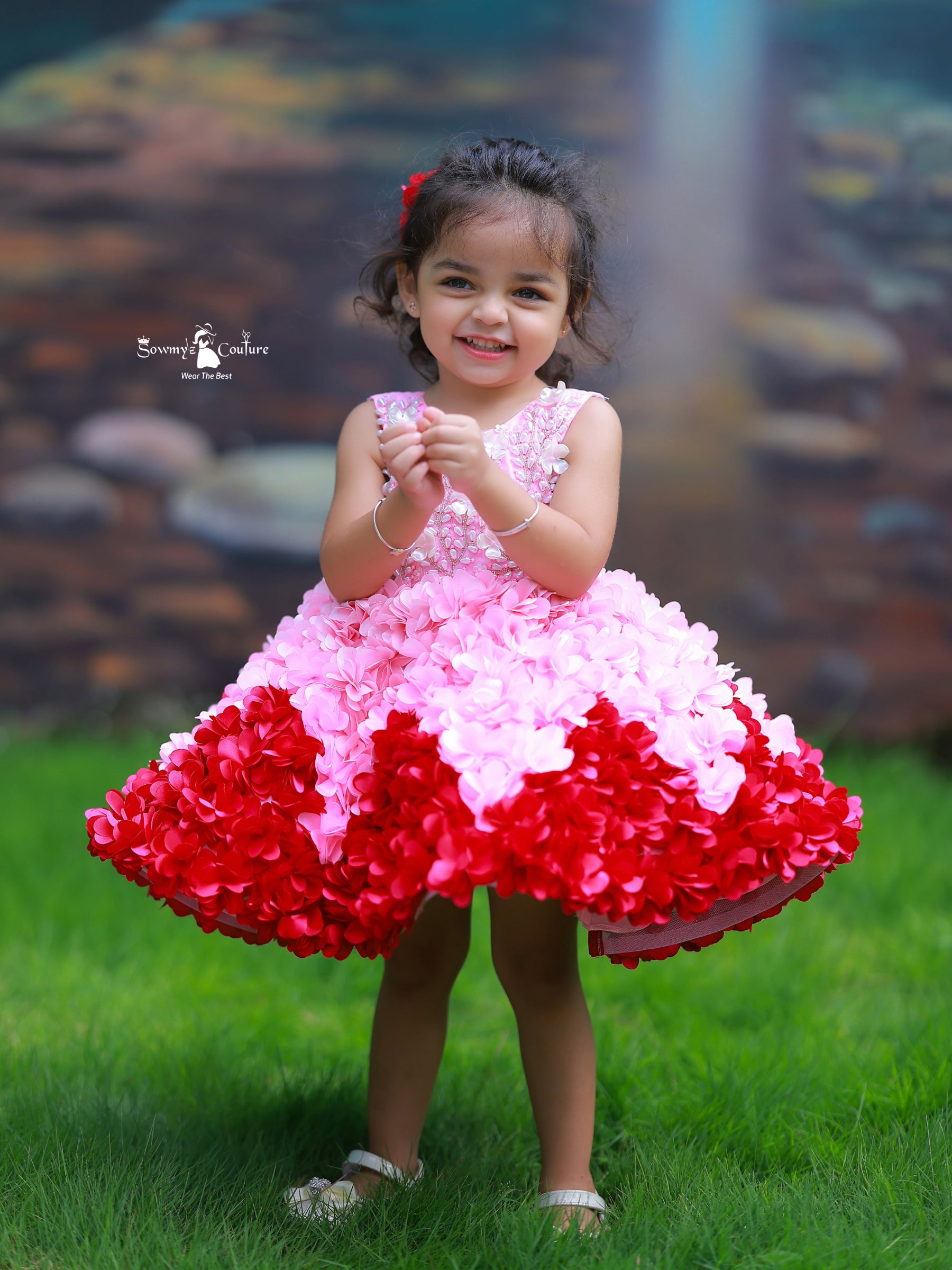 Ombre 3D Floral Embroidered Knee Length Gown