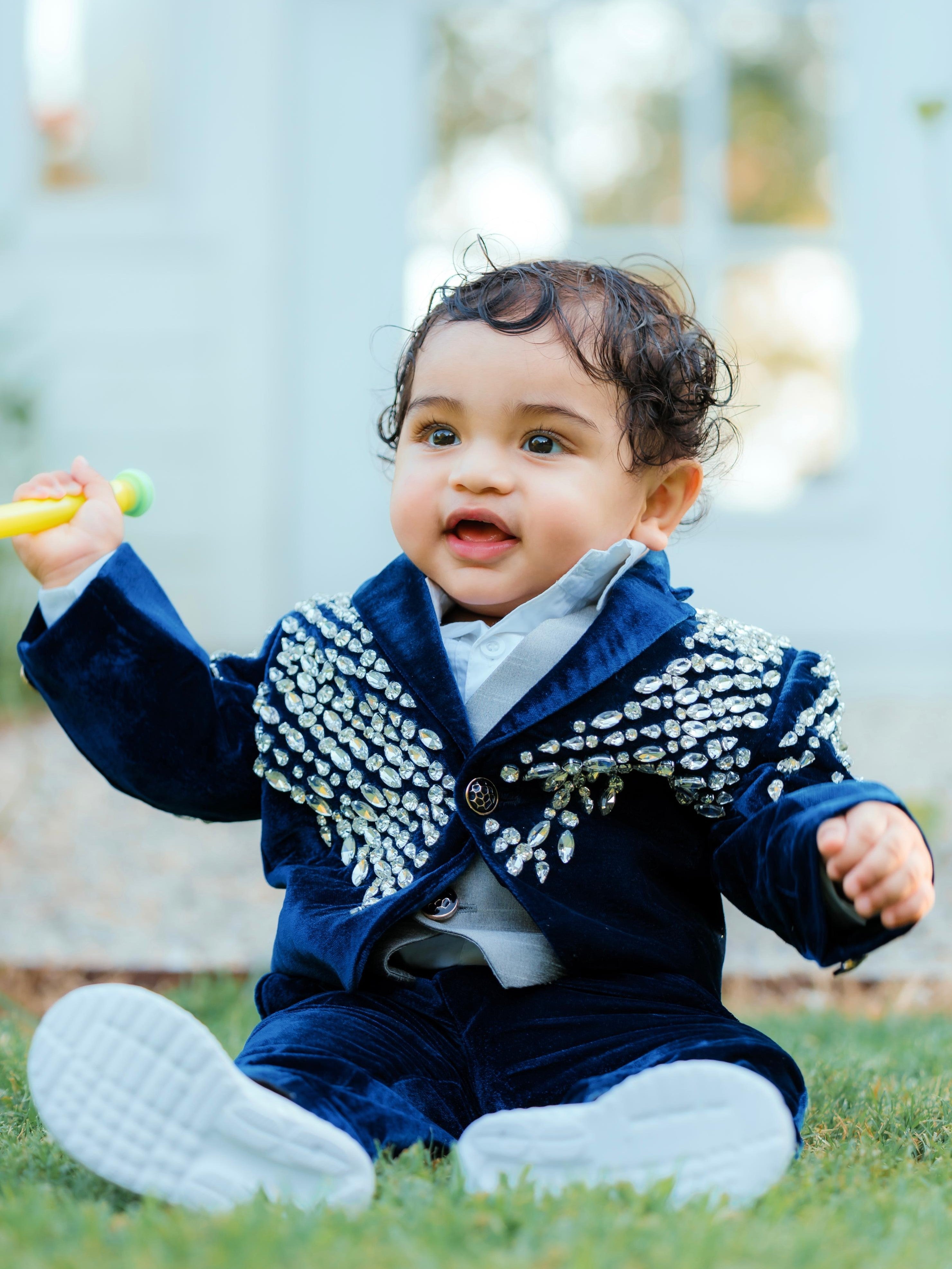 Deep Blue Velvet Crystal Cascade Designer Evening Blazer Suit