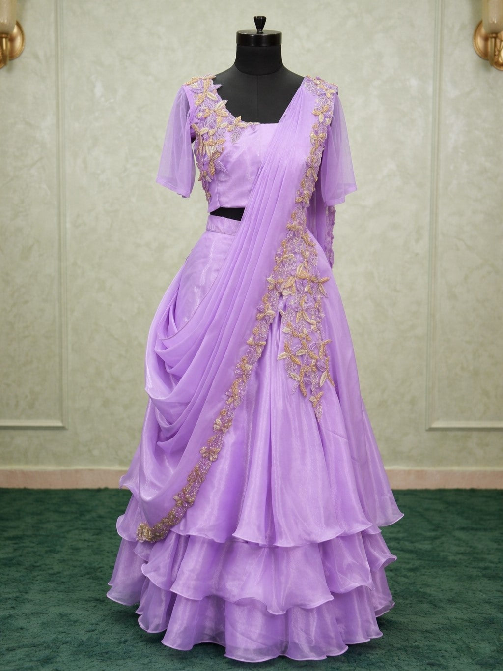 Couture Dresses Online, Lavender Layered Lehenga Saree