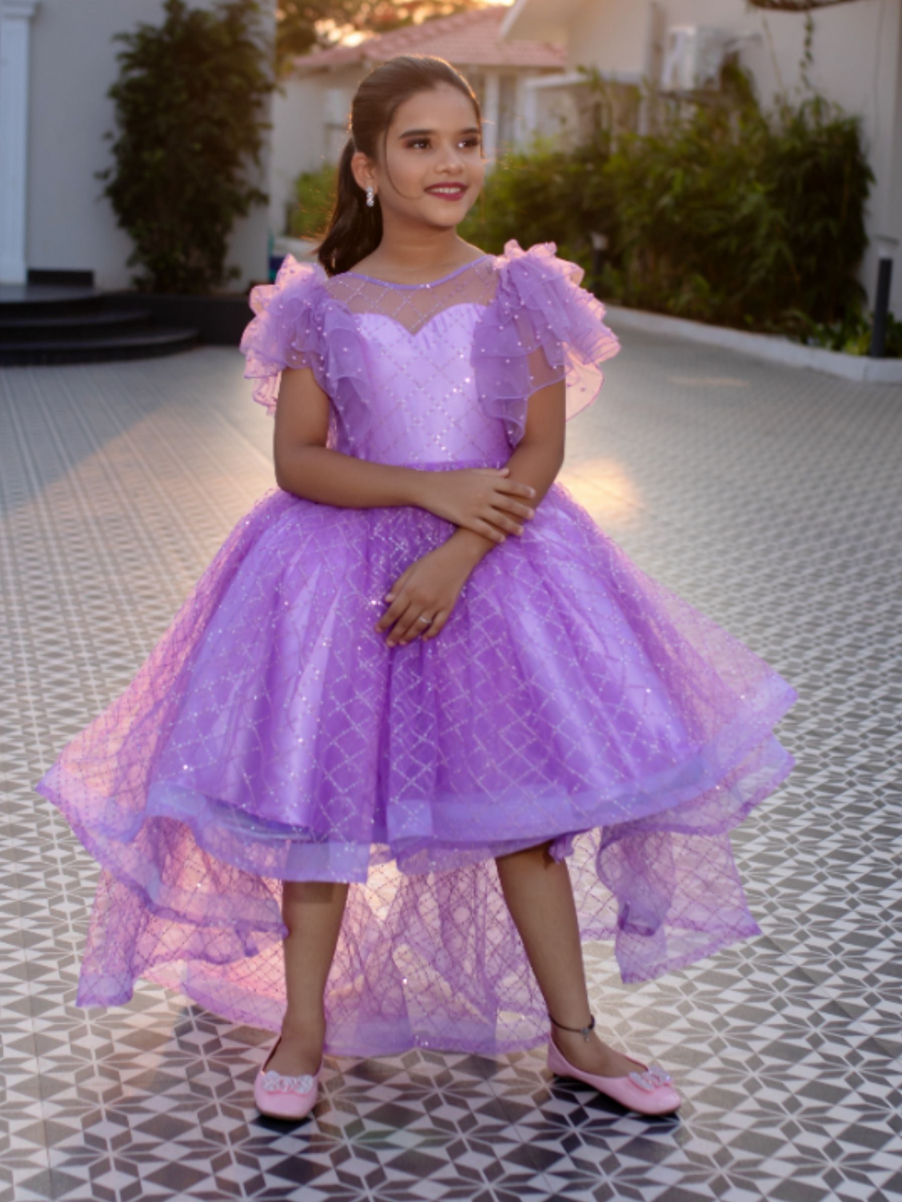 Lavender sequin High low gown with ruffle sleeves