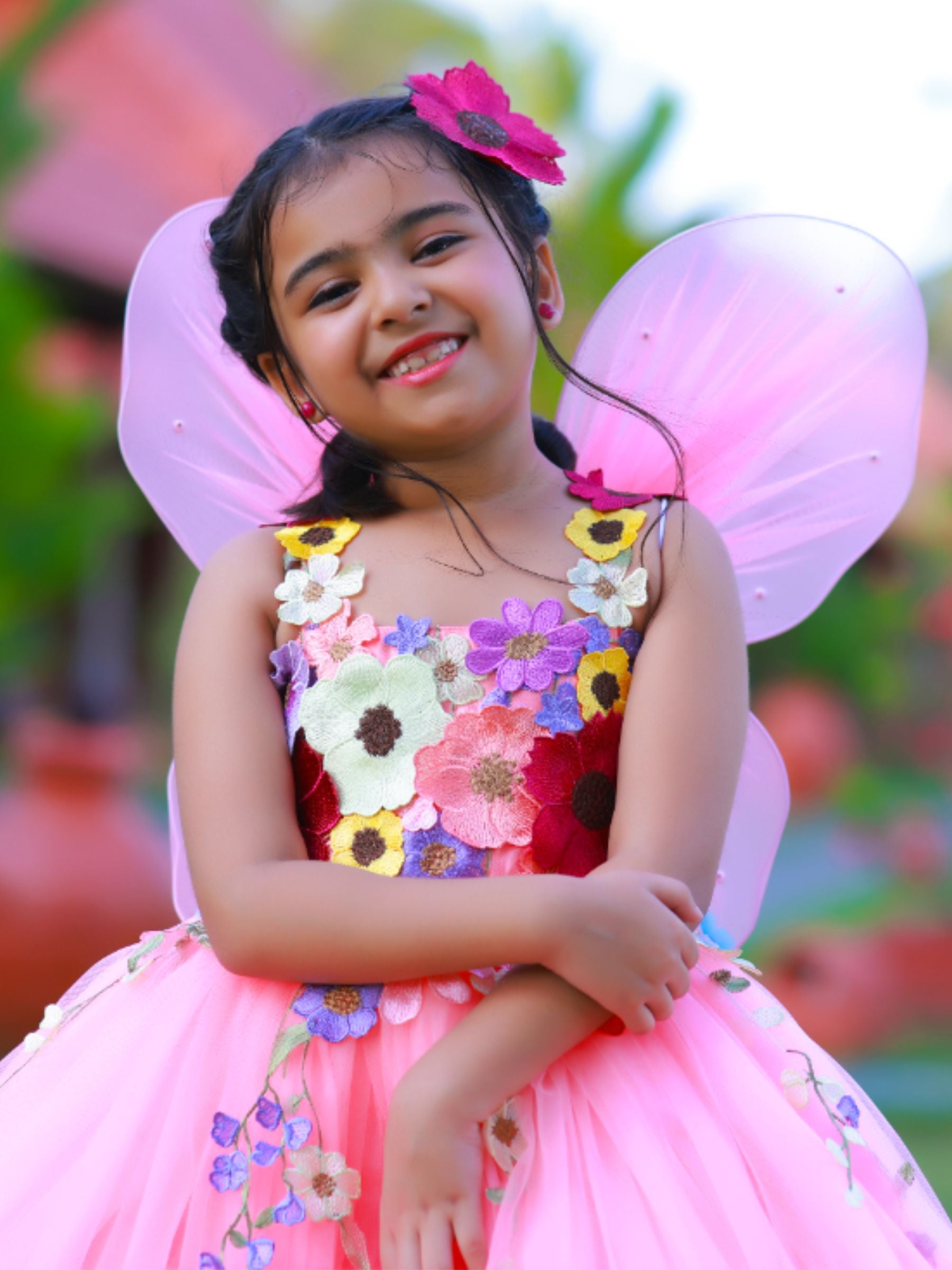 Peach Fairy Garden Floral Ball gown With Butterfly Wings
