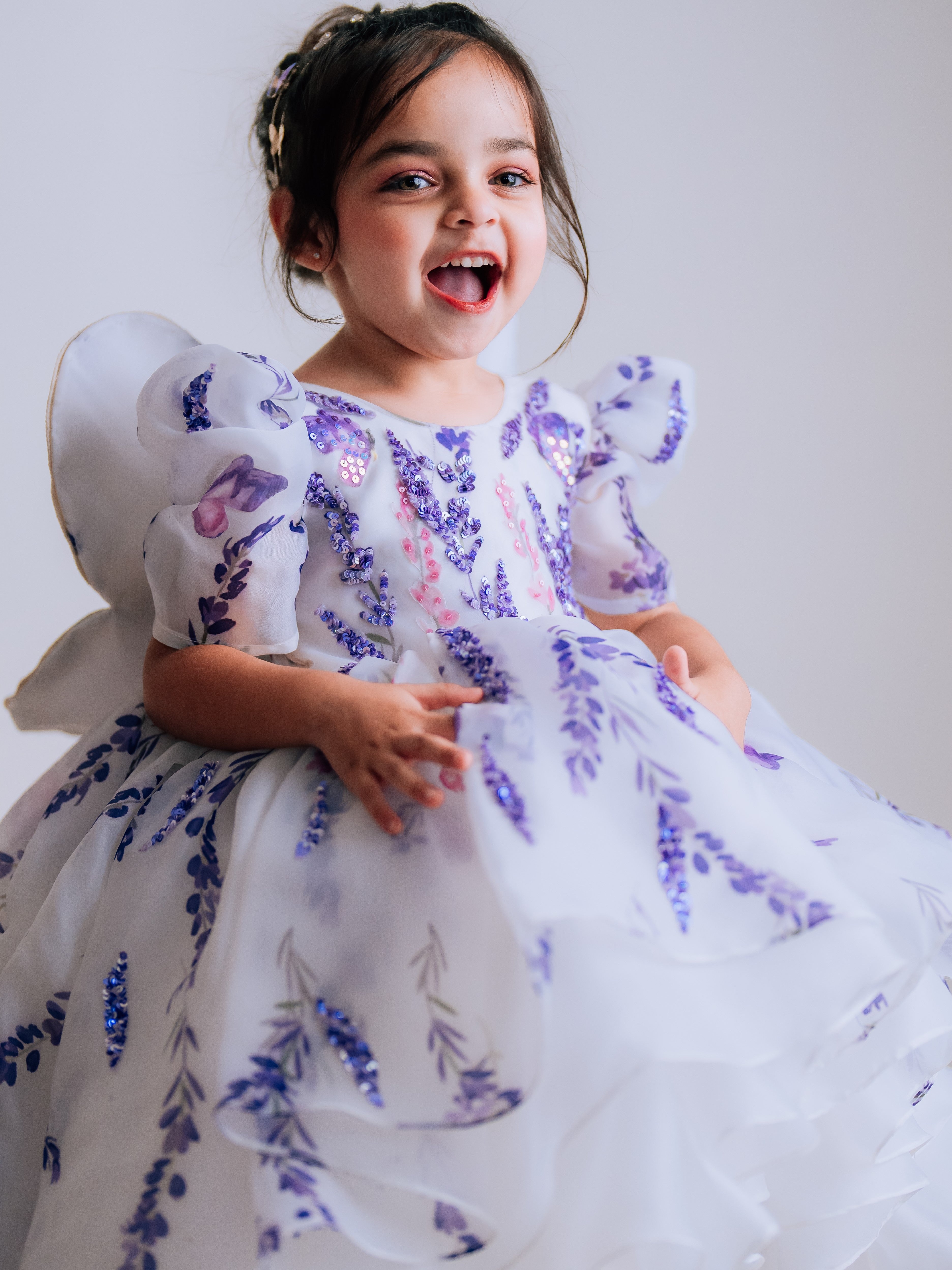 PRINTED ORGANZA LAYERED HIGH LOW GOWN WITH EMBROIDERED BUTTERFLY