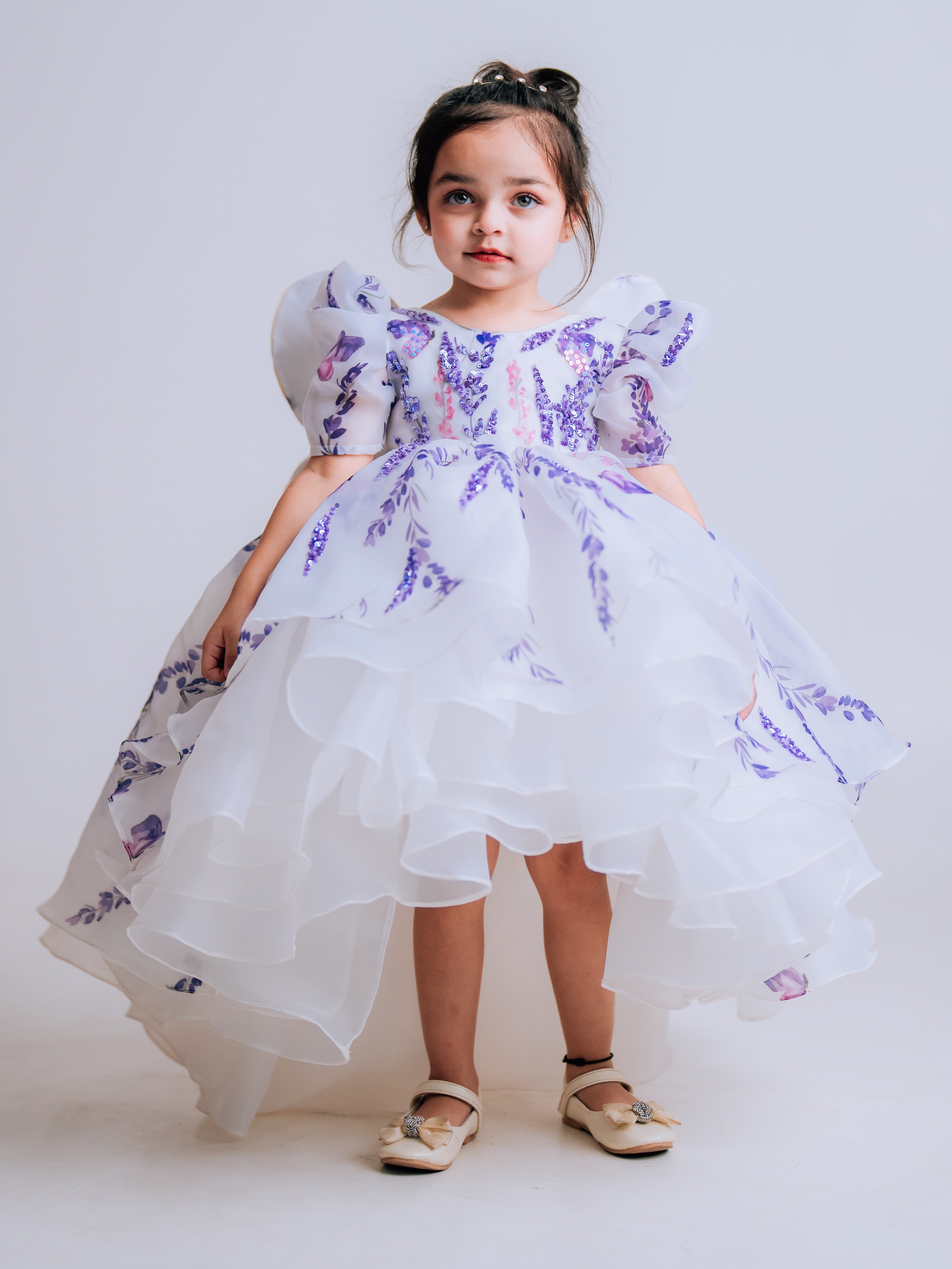 PRINTED ORGANZA LAYERED HIGH LOW GOWN WITH EMBROIDERED BUTTERFLY