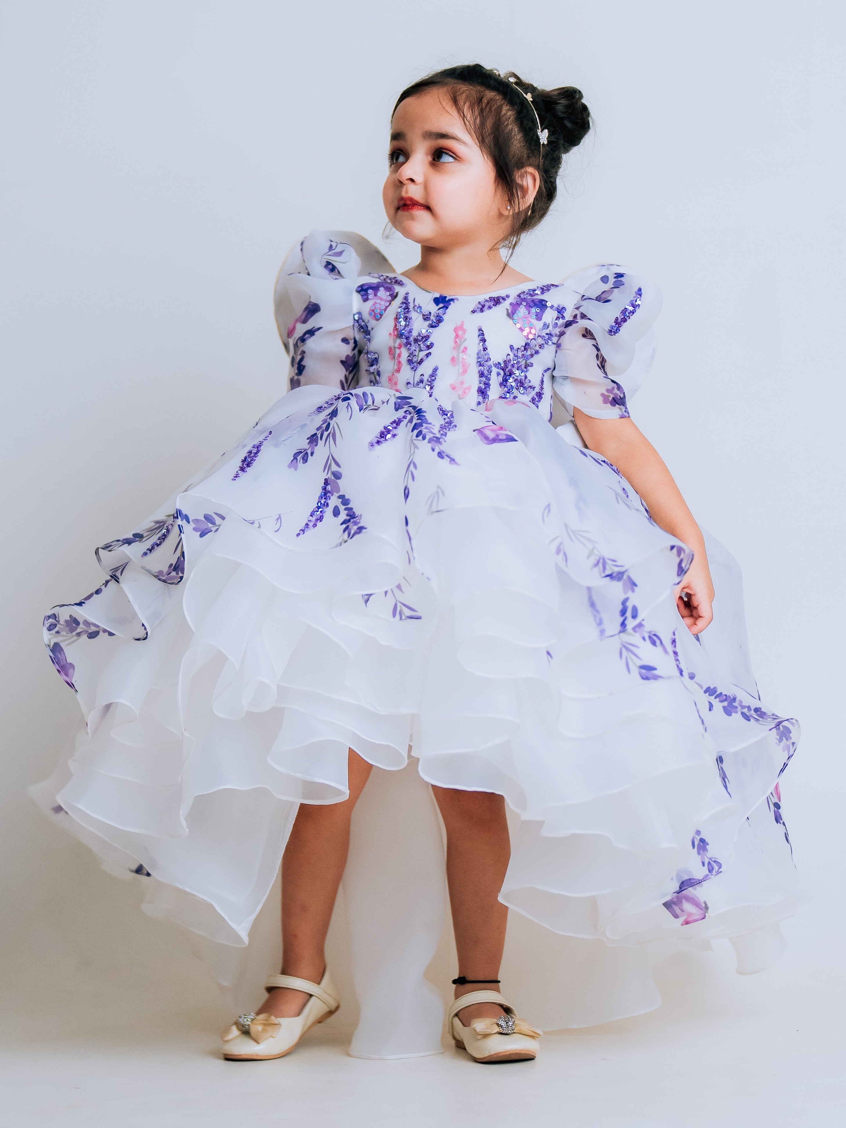 PRINTED ORGANZA LAYERED HIGH LOW GOWN WITH EMBROIDERED BUTTERFLY