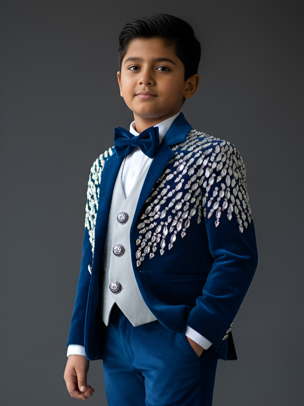 Deep Blue Velvet Crystal Cascade Designer Evening Blazer Suit