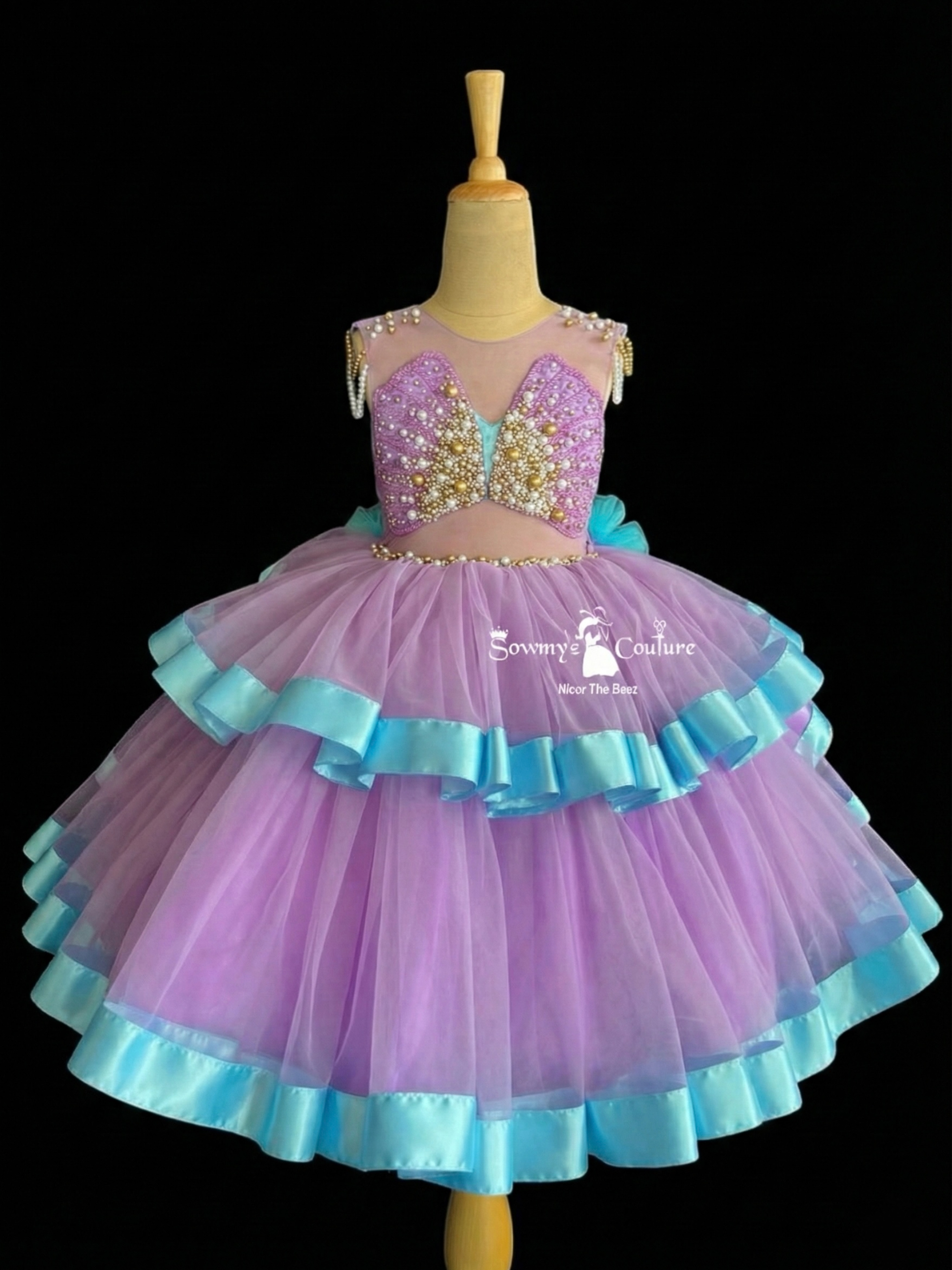 Lavender Sky Aurora Pearl-Embellished Ruffle Ball Gown Dress