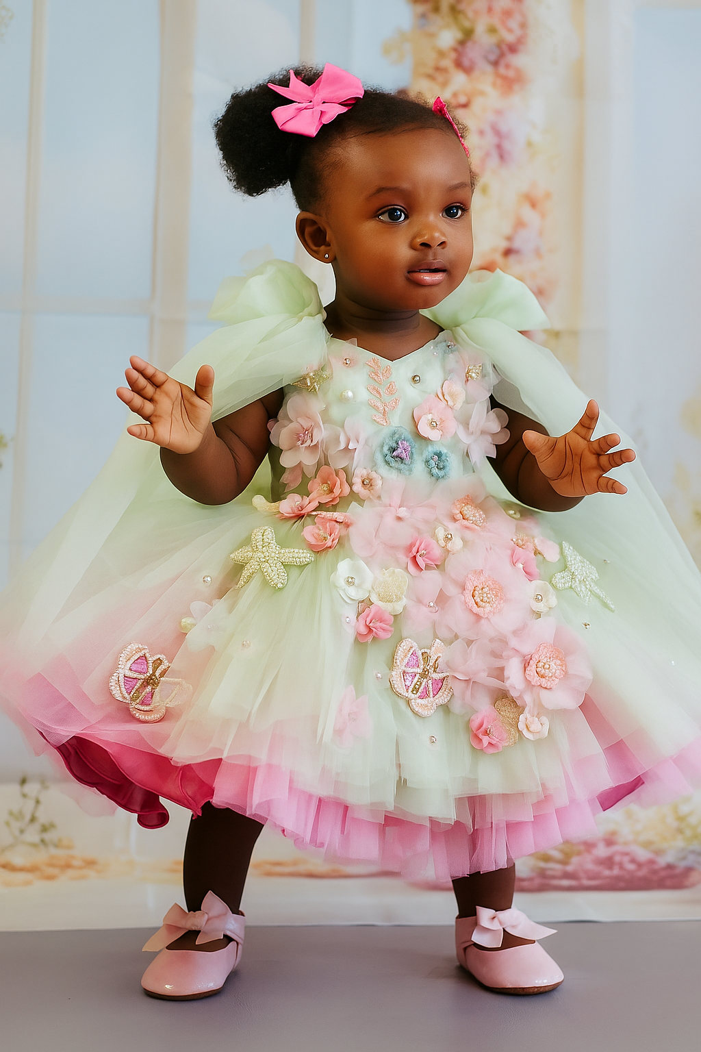 PINK AND GREEN FLORAL HALF LENGTH GOWN