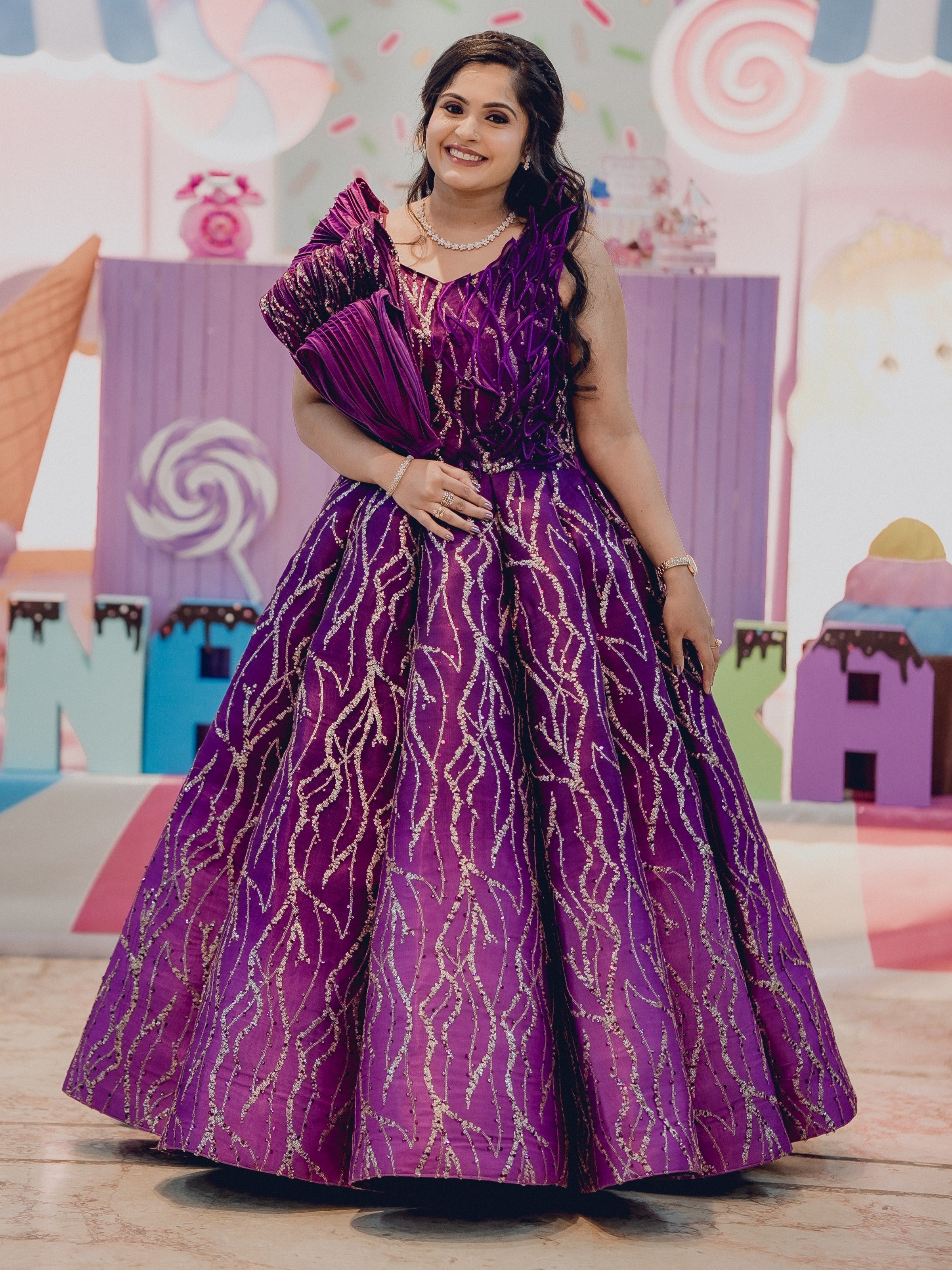 Wine Structured Shaded Panel Ball Gown with Embossing Bows and Hand Embroidered Petals