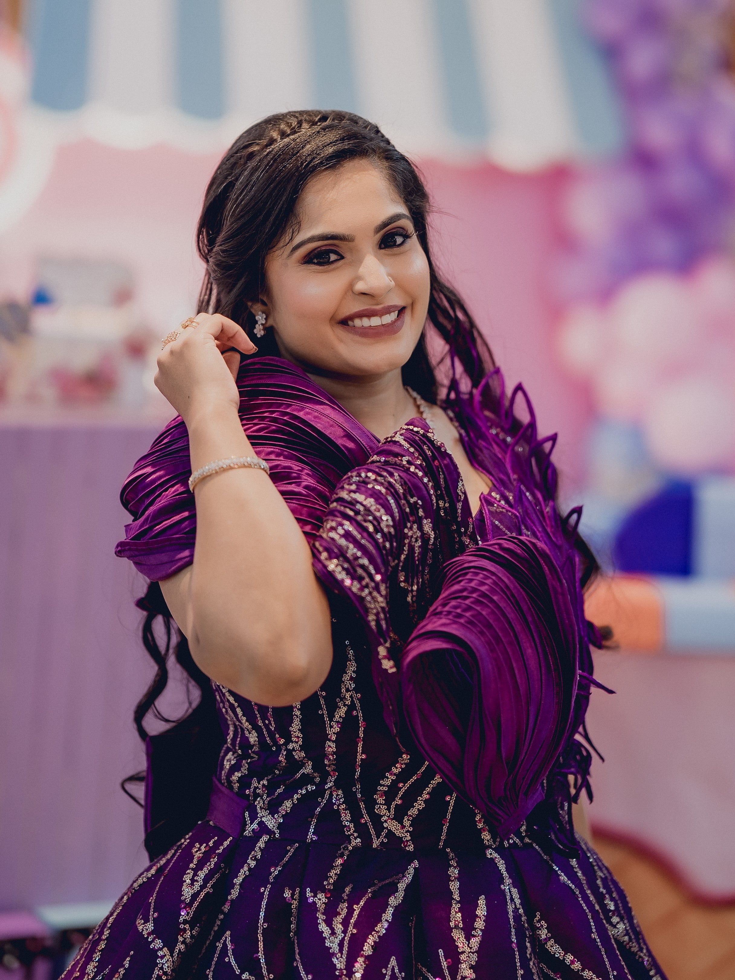 Wine Structured Shaded Panel Ball Gown with Embossing Bows and Hand Embroidered Petals