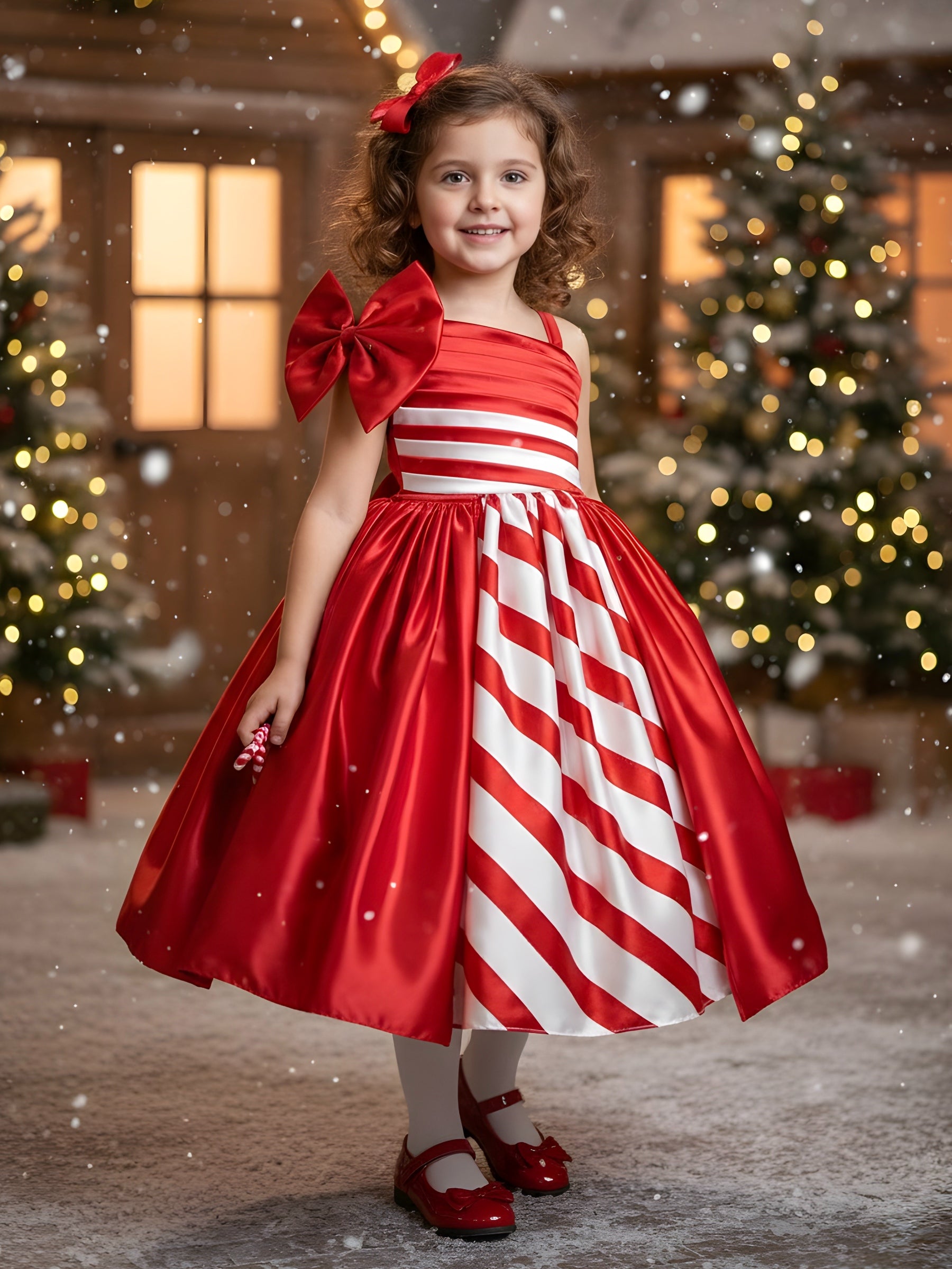Candy-Stripe Satin Ballgown with Bow Accent
