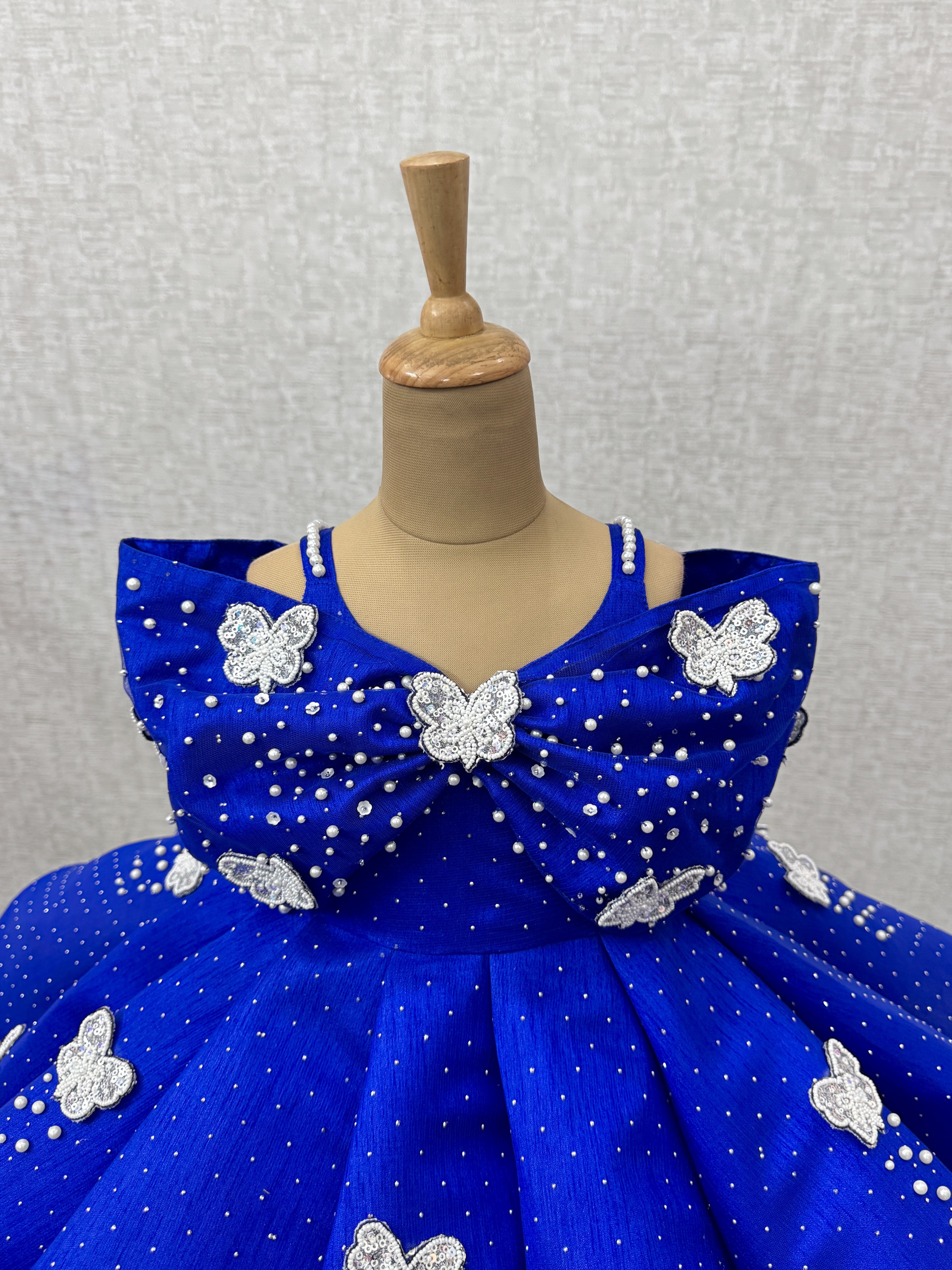 Royal Sapphire Butterfly Pearl-Studded Silk-Textured Party Princess Ball Gown