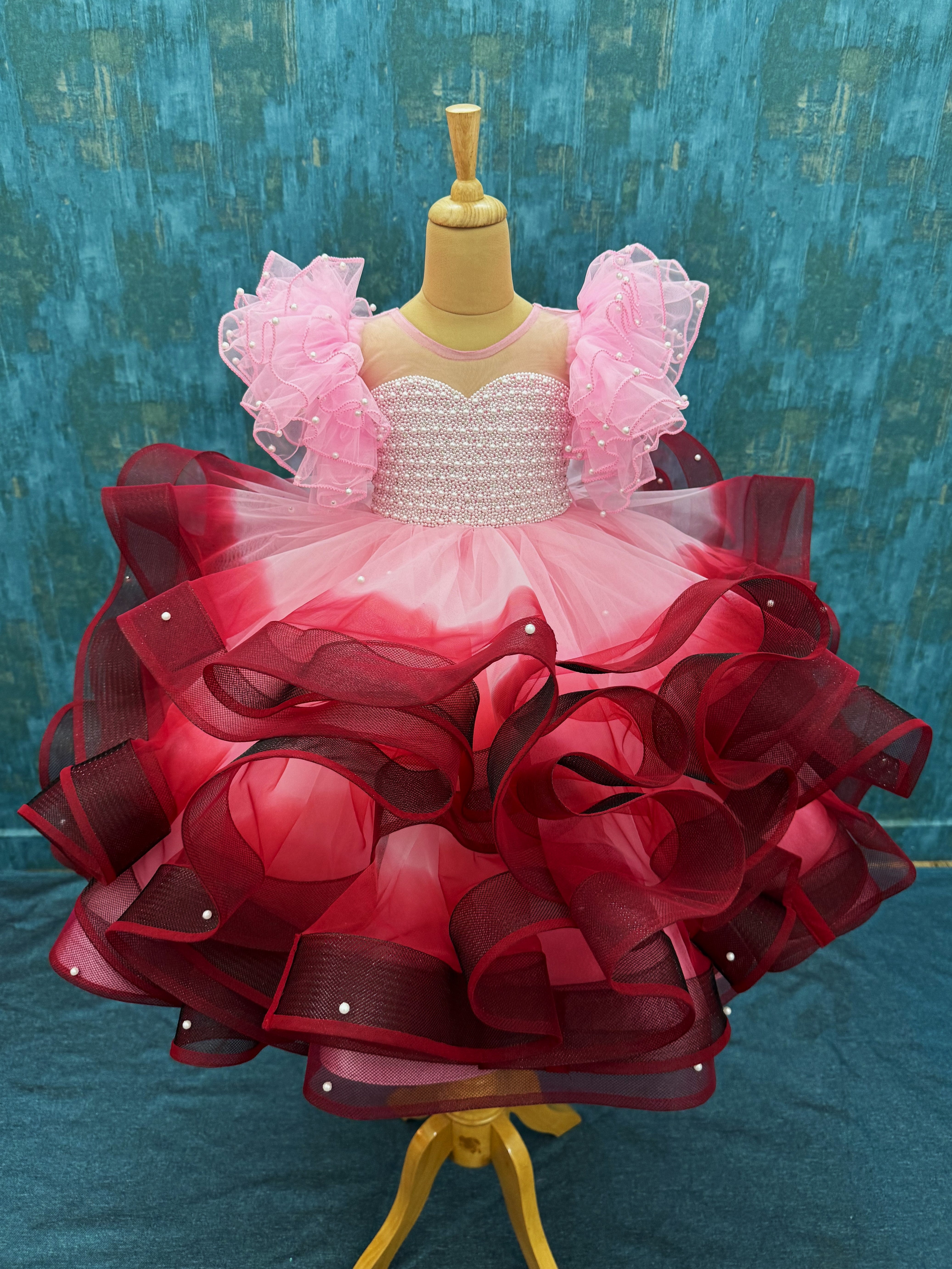 Enchanted Pink and Maroon – Fairy ruffle Ball Gown With intricate pearl work