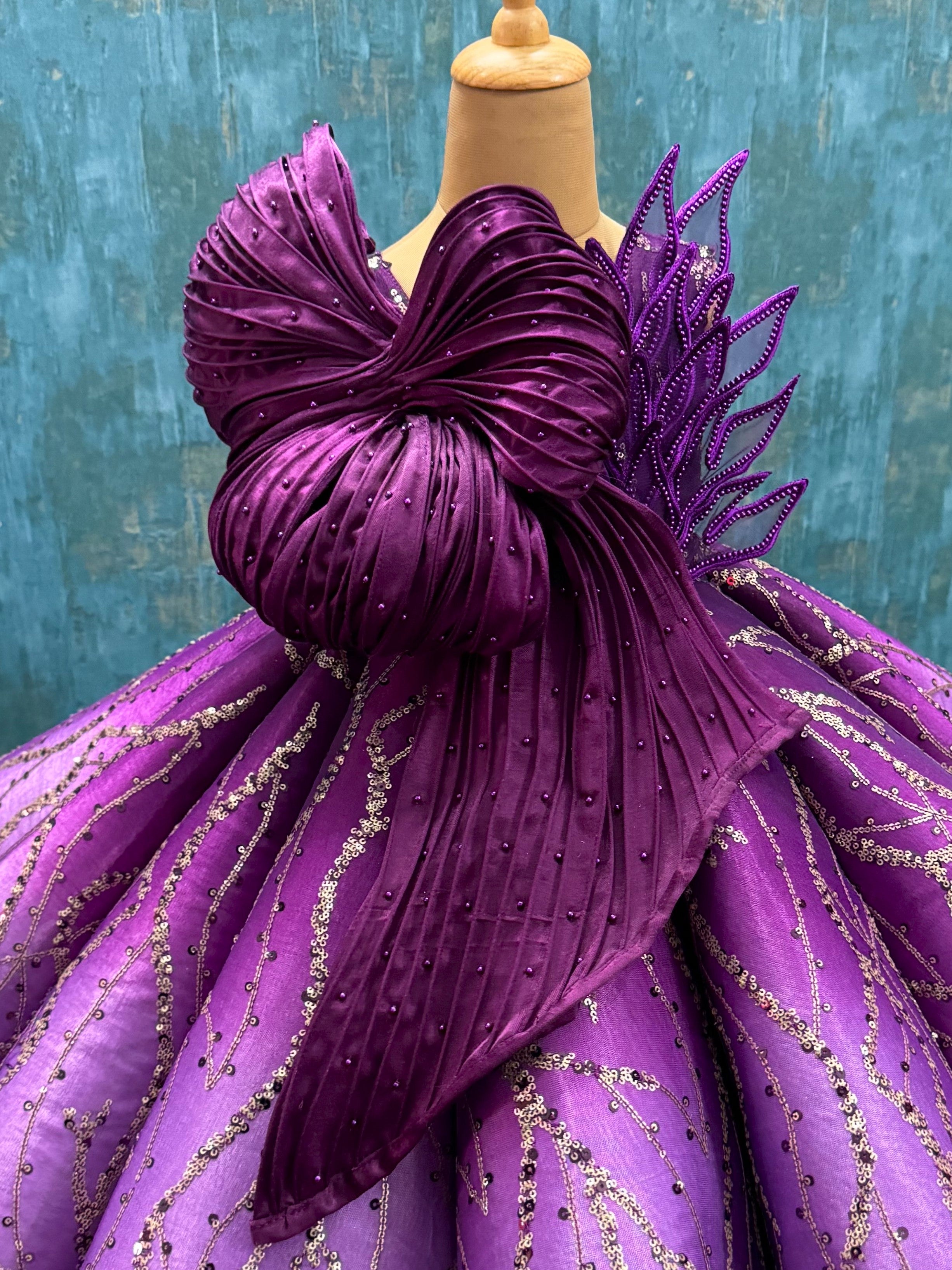 Wine Ombre Structure Panel Ball Gown With Intricate Top Work