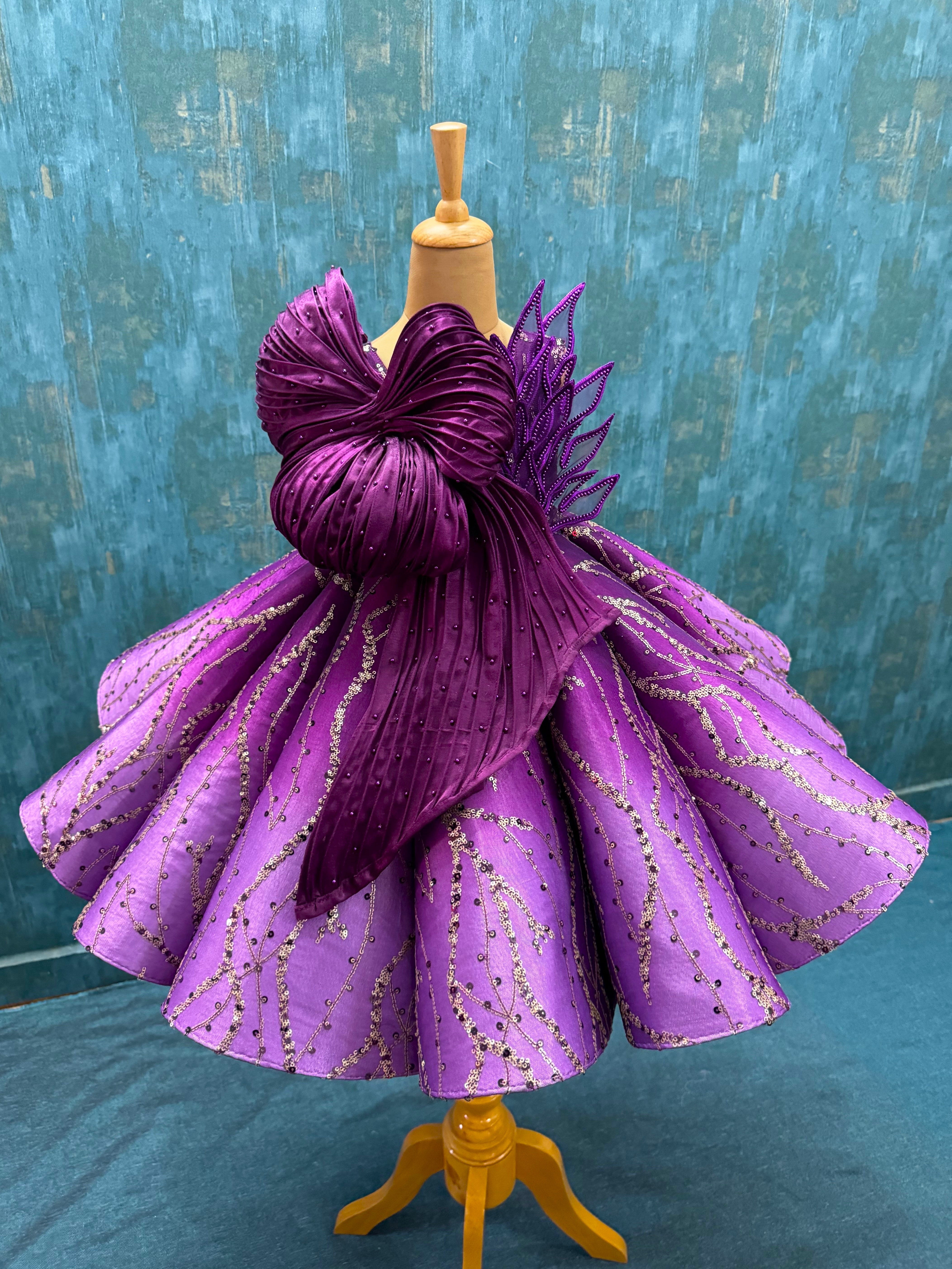 Wine Ombre Structure Panel Ball Gown With Intricate Top Work