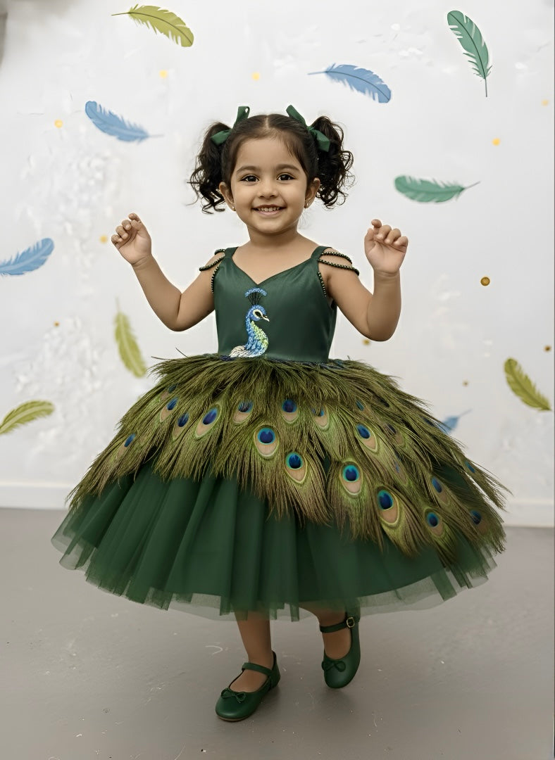 Peacock Dress for Girl Baby Online, Handmade Peacock Feather Dress