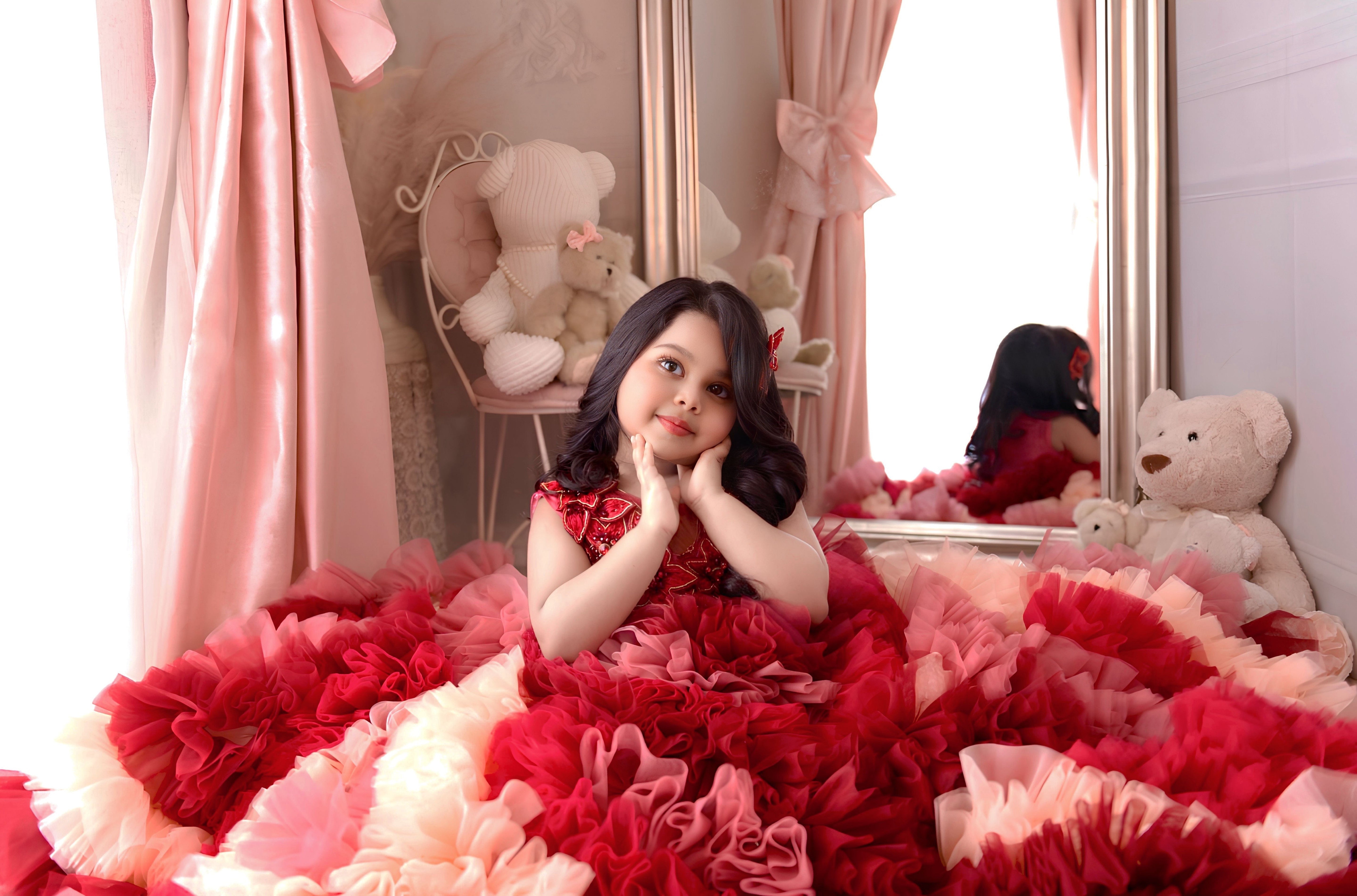 Red Velvet Petal Ruffle Ball Gown