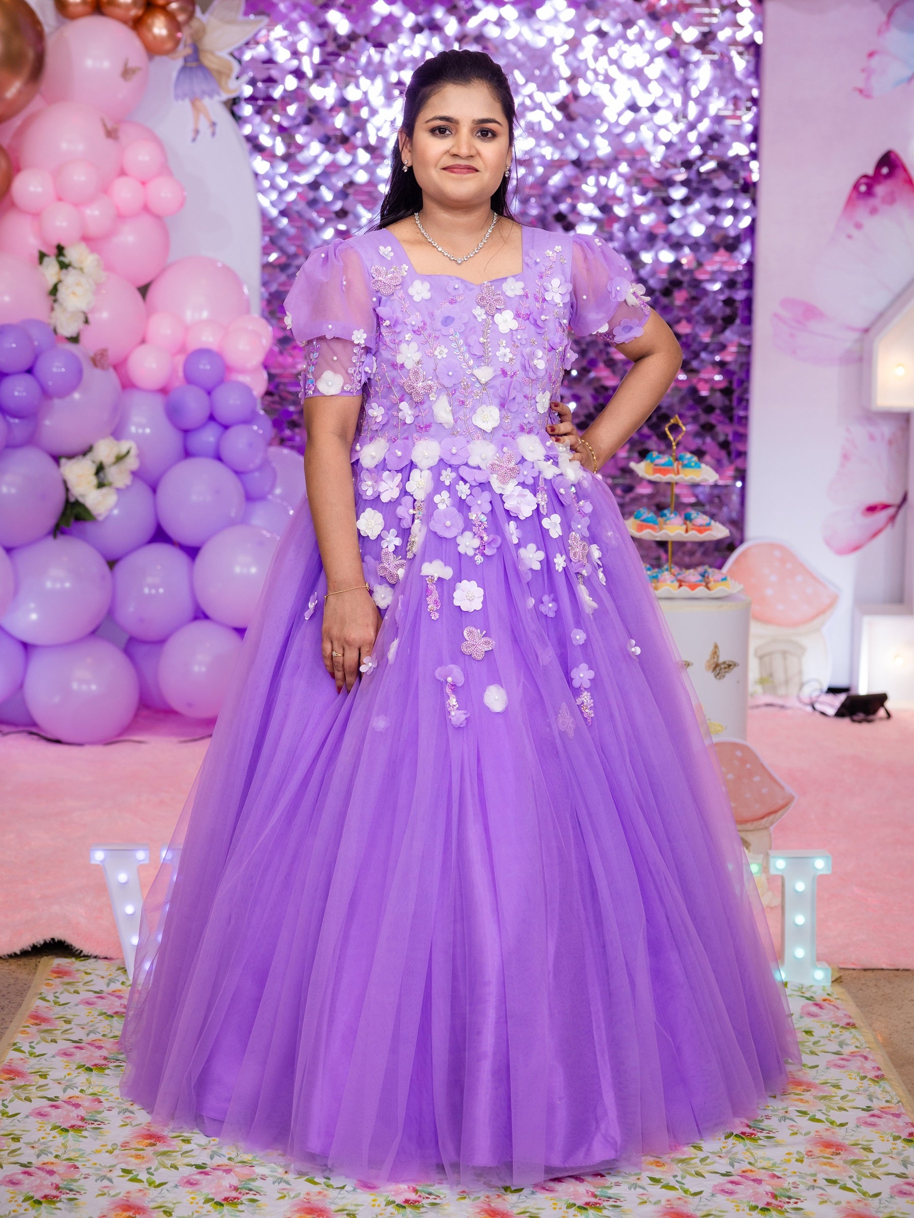 Lavender Floral Ball Gown with Intricate Hand work