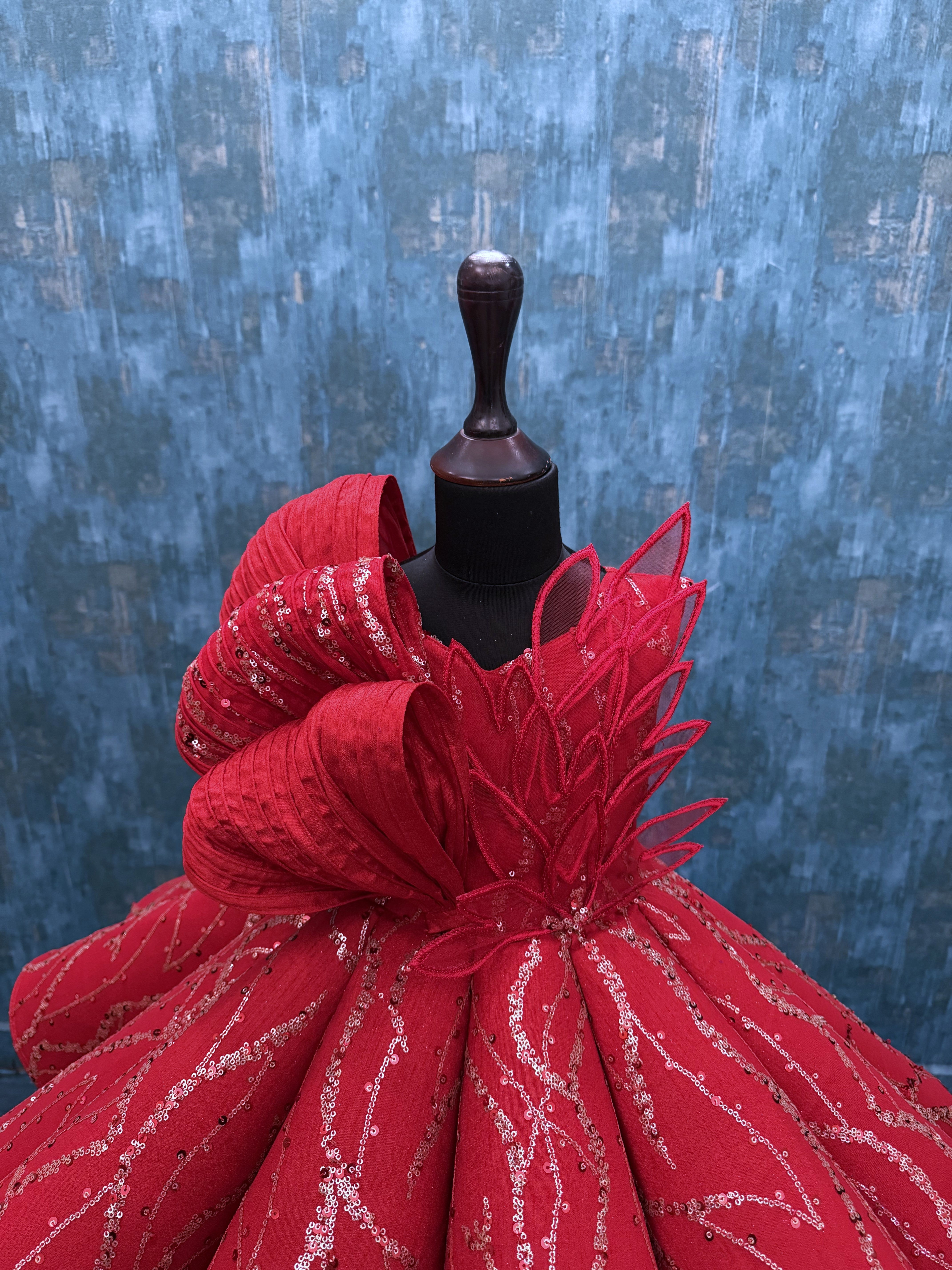 Red Structured Panel Ball Gown with Embossing Bows and Hand Embroidered Petals