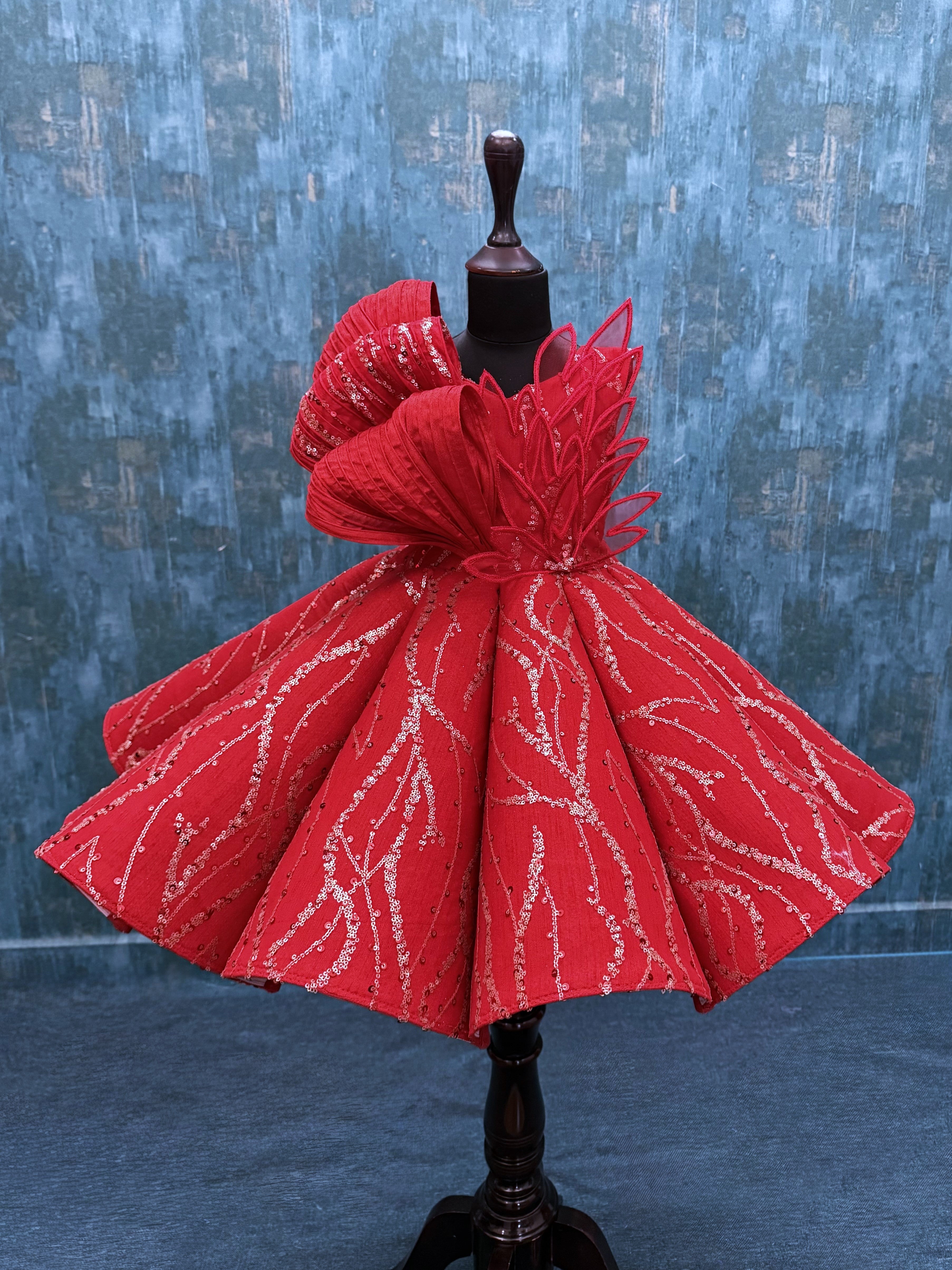 Red Structured Panel Ball Gown with Embossing Bows and Hand Embroidered Petals