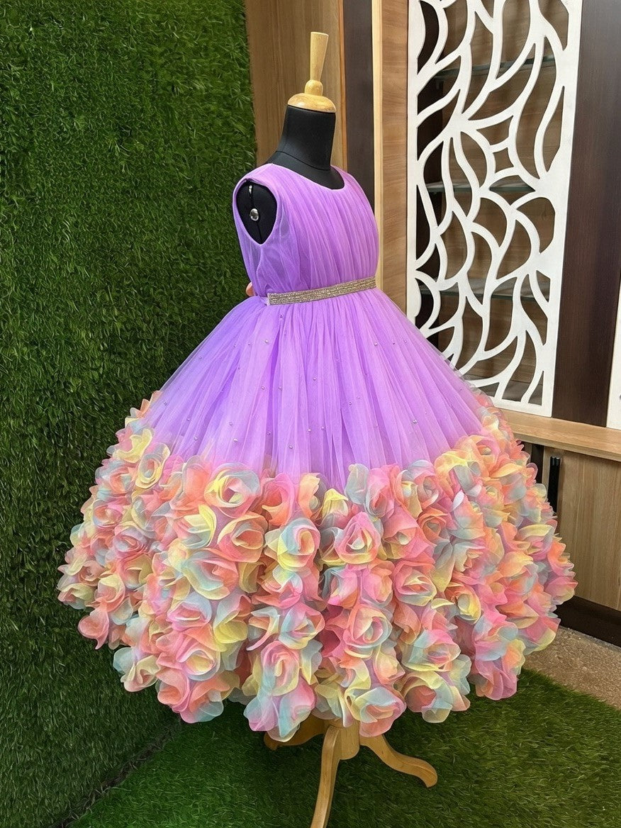 Lavender Rainbow Blossom Ombre Rose Ruffle Fairy-tale Princess Gown
