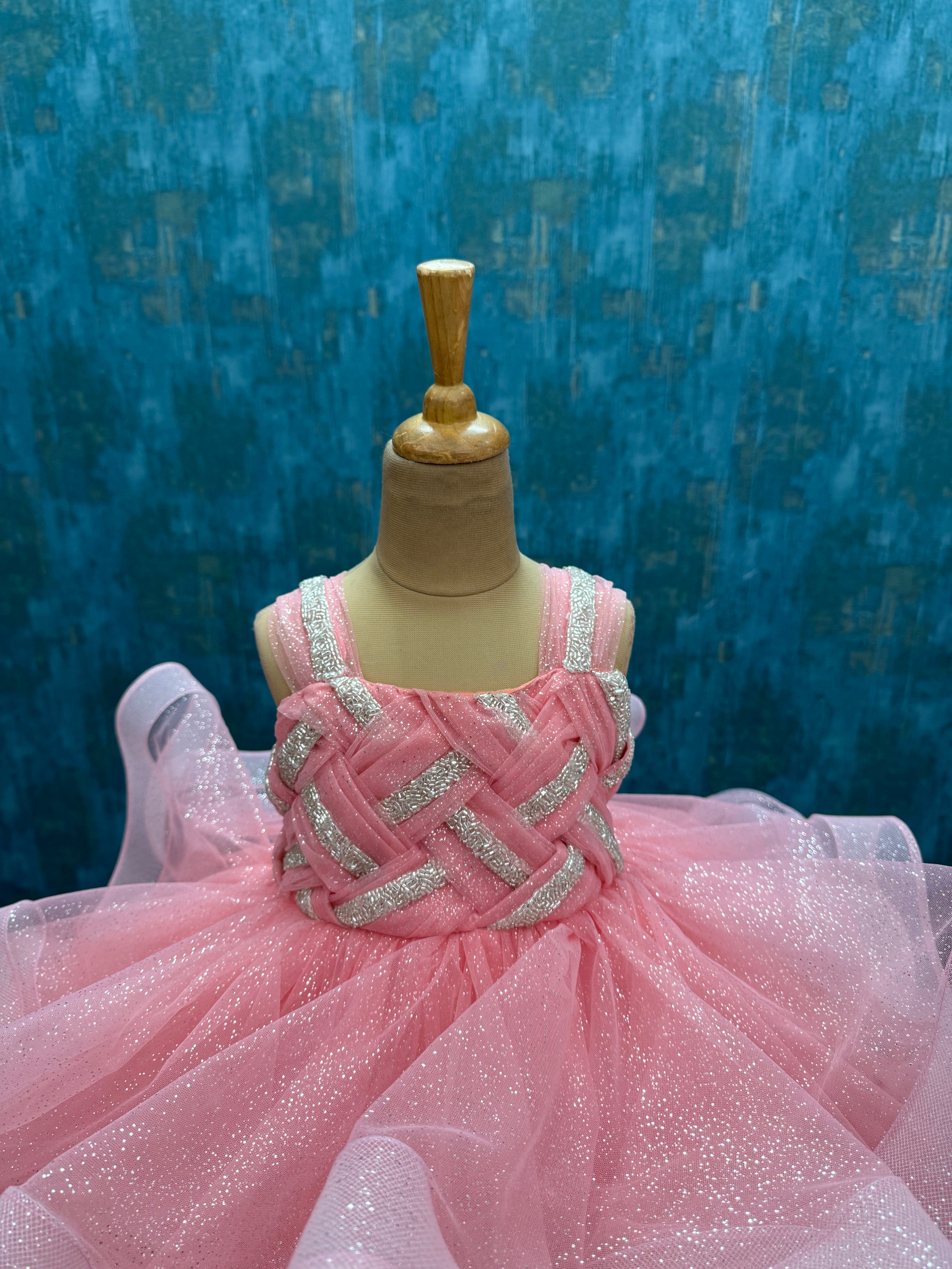 Peach Glittery Ball Gown with Silver Draped Top