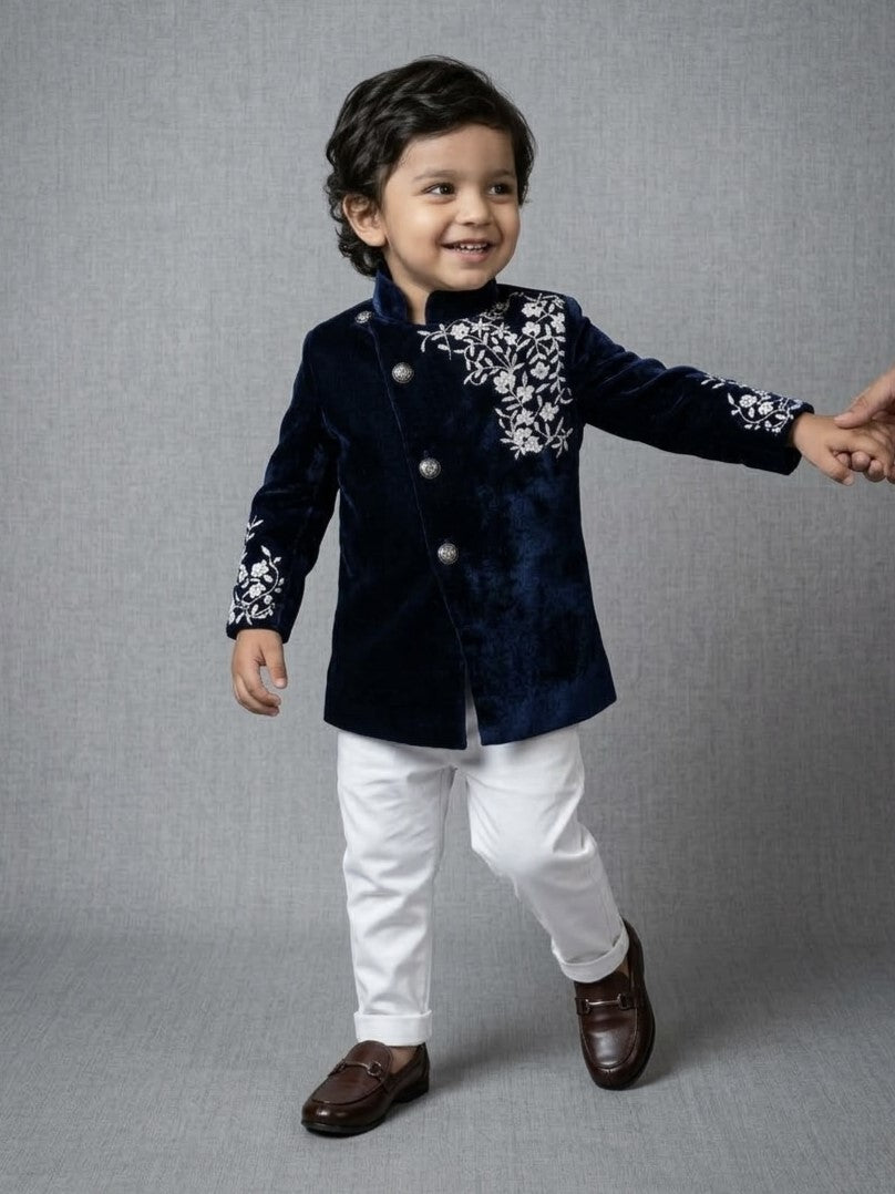 Blue Velvet Jodhpuri Styled Set with White Thread Embroidery Comes with Pant