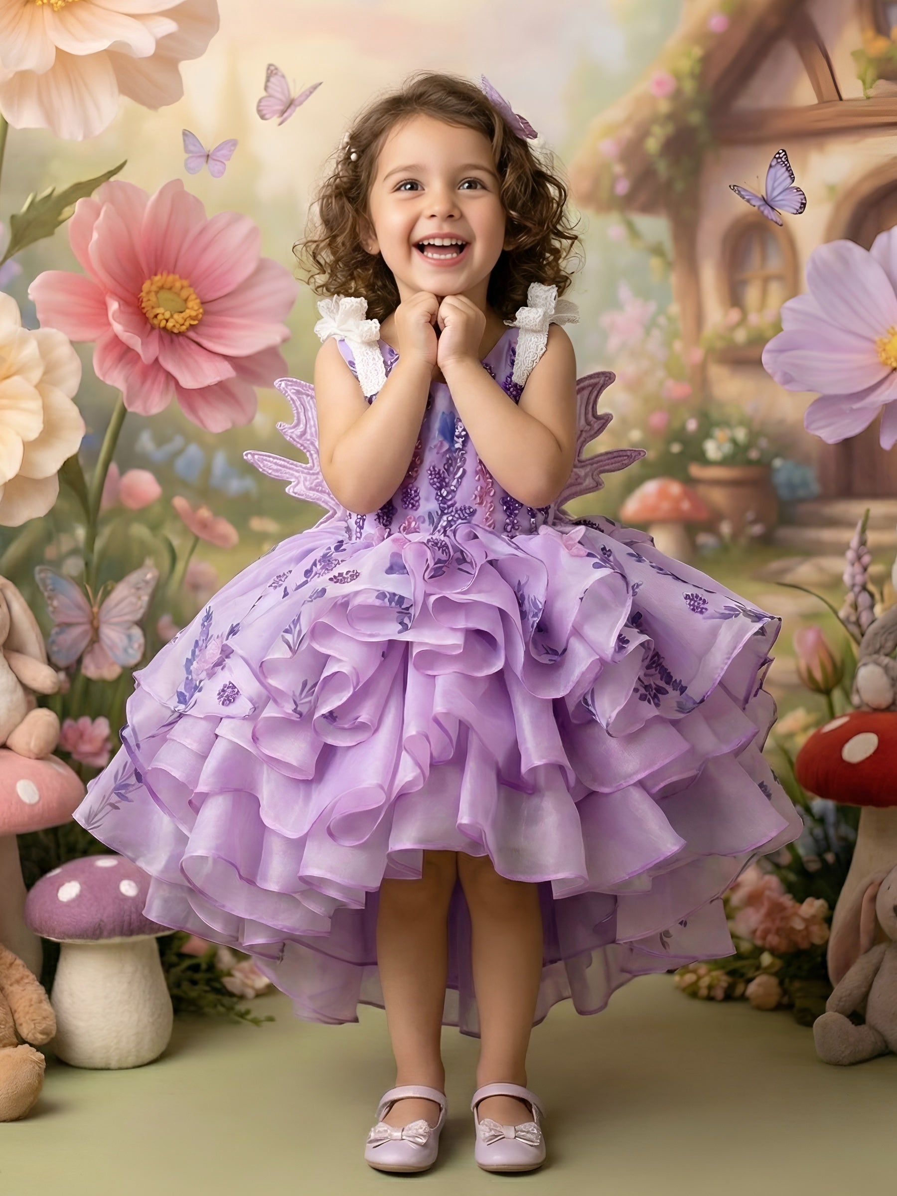 Royal Lavender Blossom Ruffle Fairy Tale Designer Dress