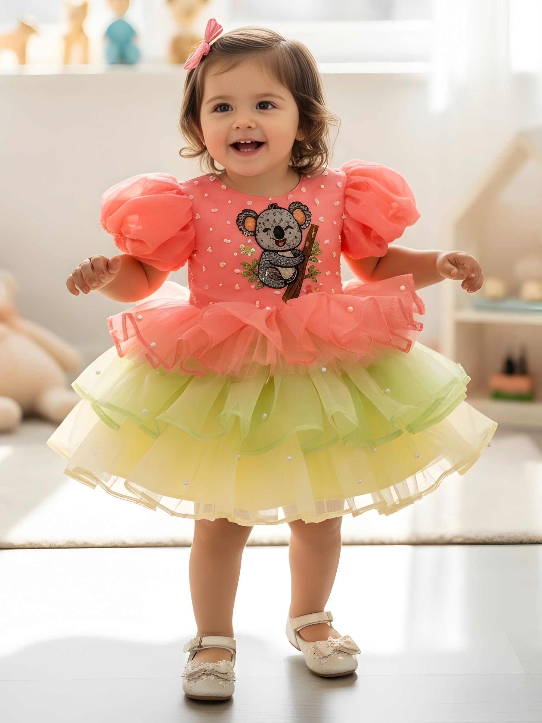 Minty Coral Koala layer organza gown with puff sleeves