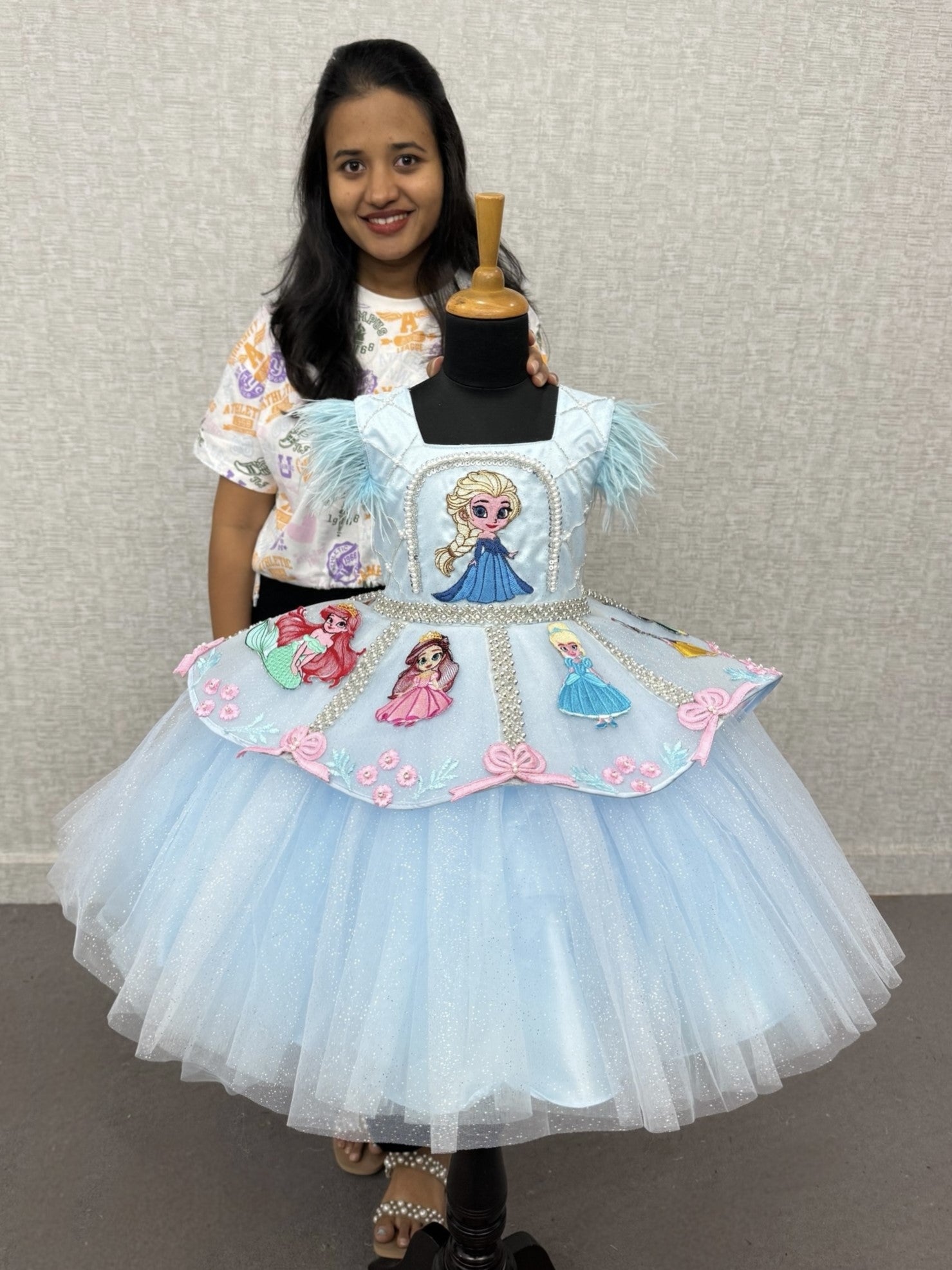 Icy Blue Fairy tale Princess Dream Feather-Trim Designer Ball Gown