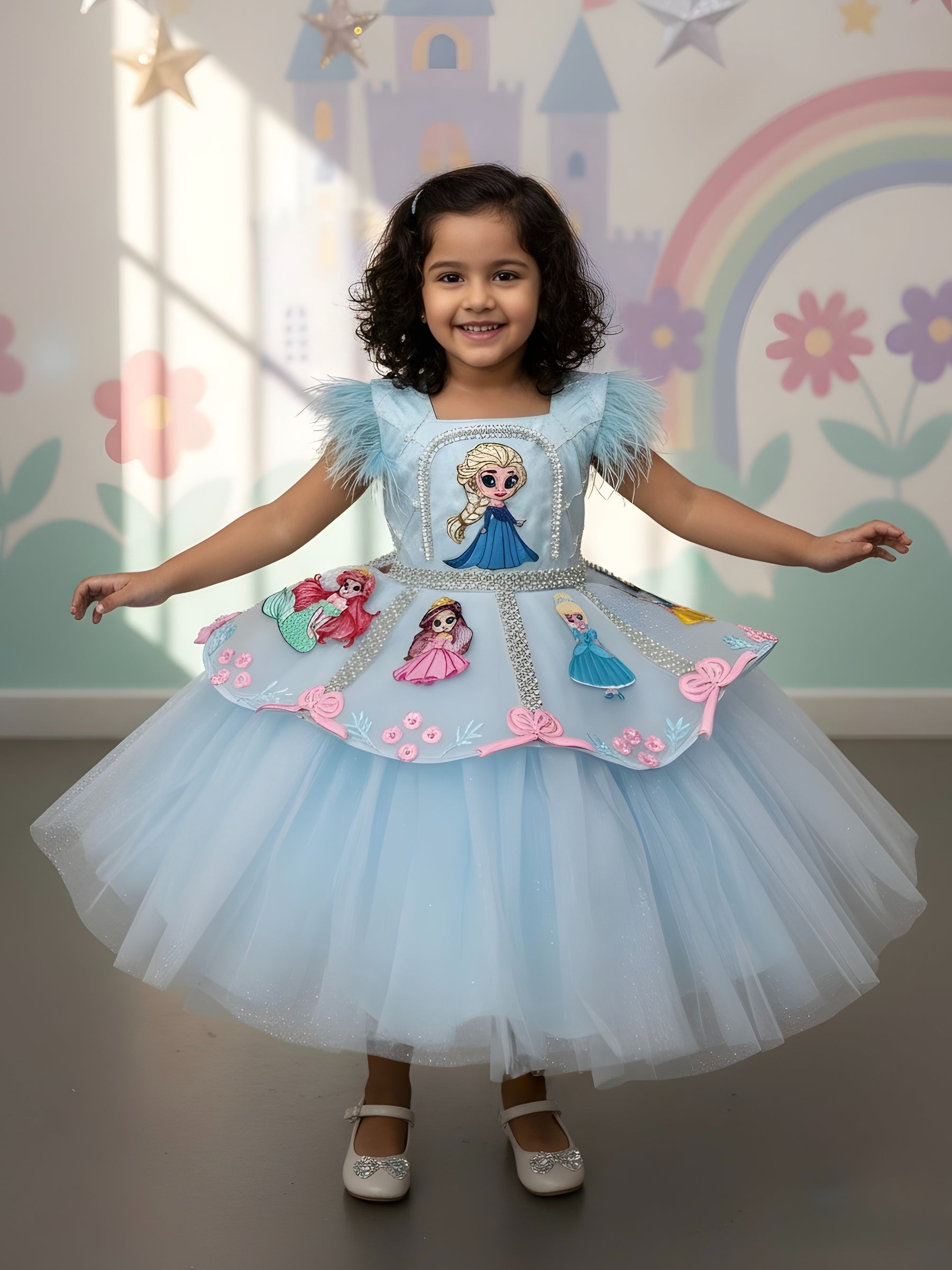 Icy Blue Fairy tale Princess Dream Feather-Trim Designer Ball Gown