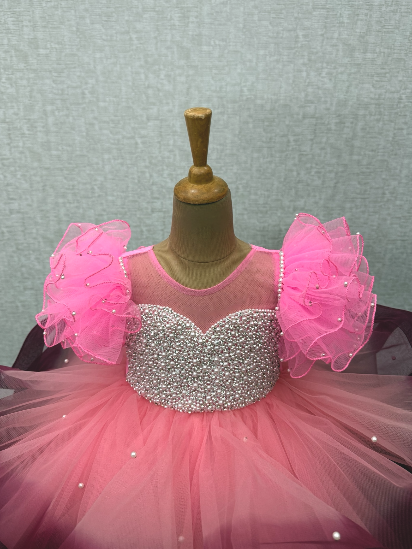 Designer Gown for Girl Online, Pink & Maroon Ombre Ruffled Gown