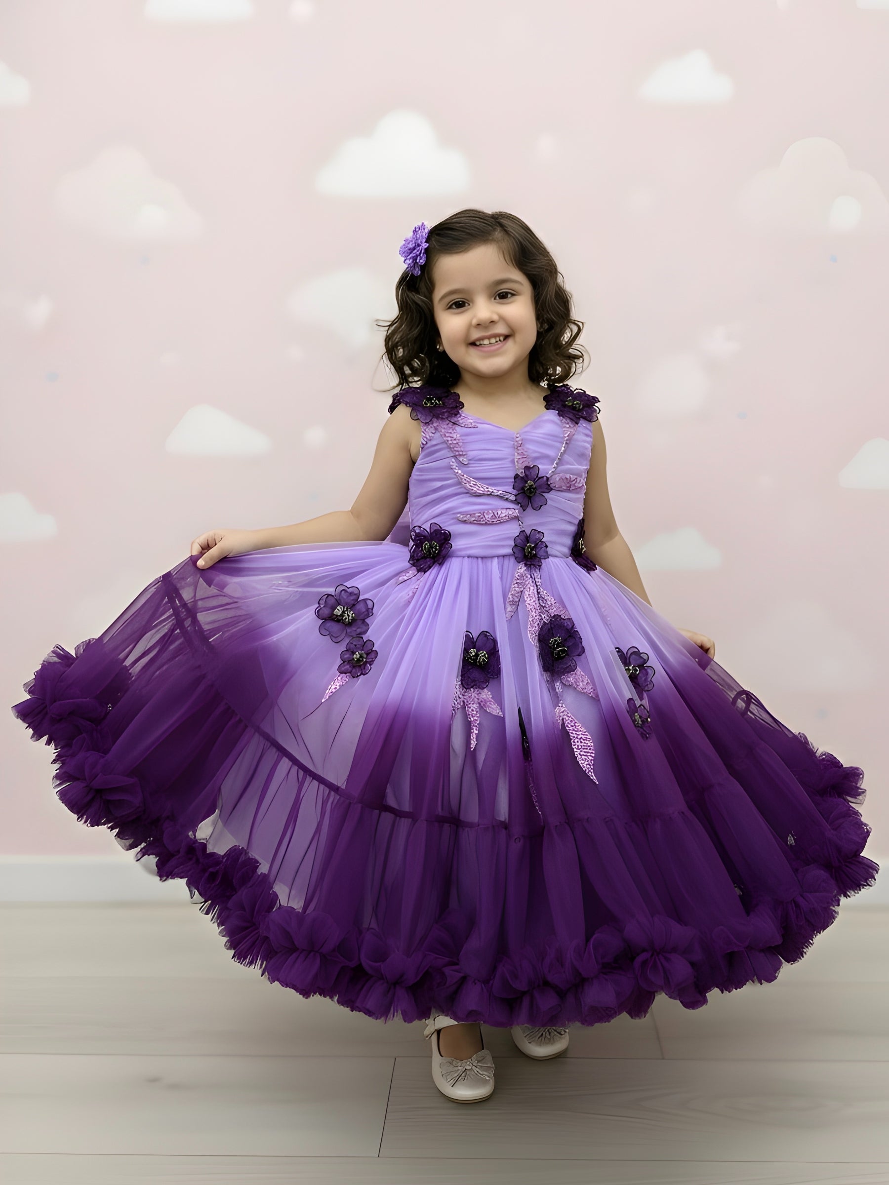 Lavender Amethyst Bloom Cascade Floral Princess Designer Ball Gown
