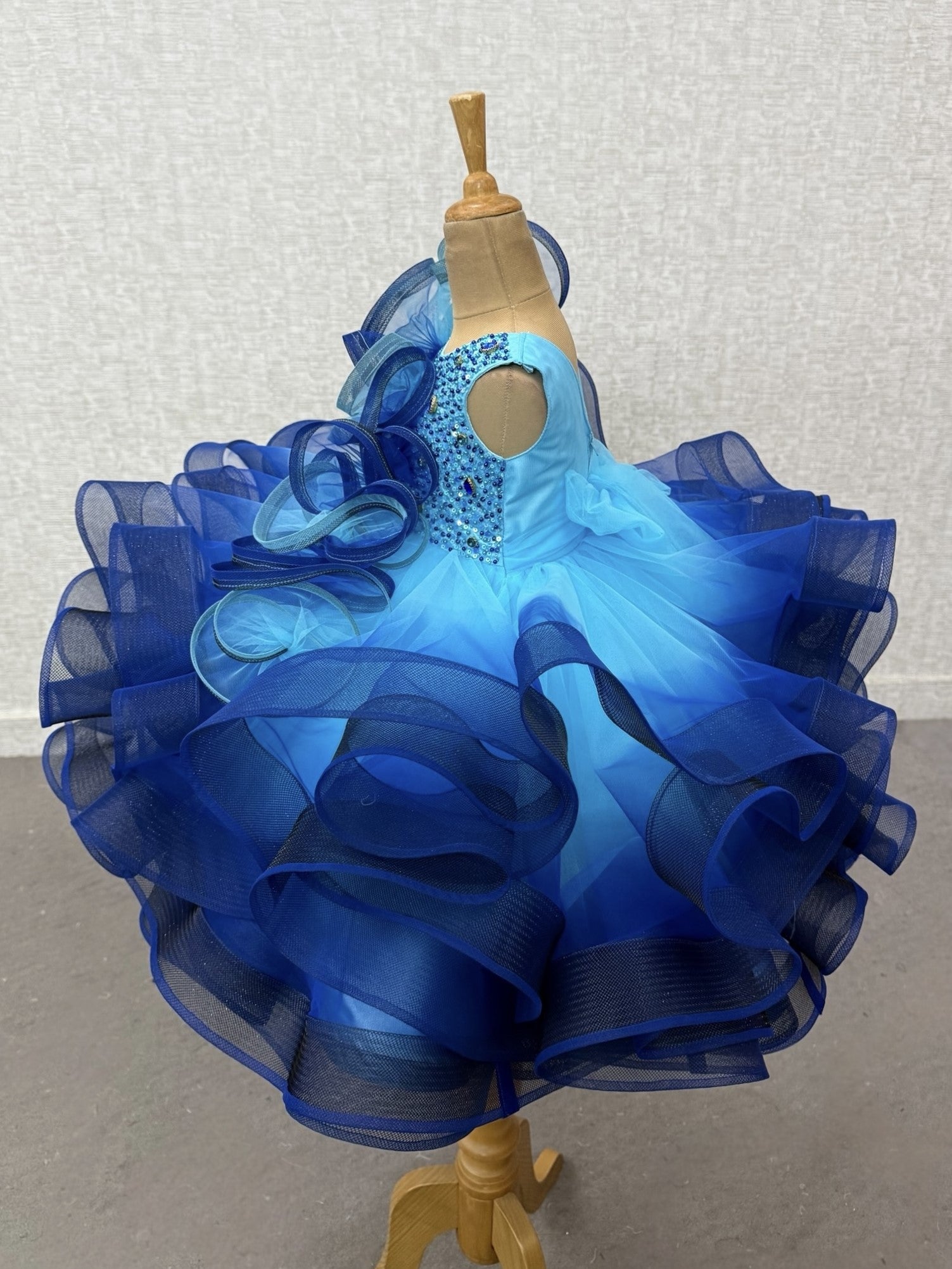 Royal Sapphire Cascade Crystal Ruffle Princess Designer Ball Gown