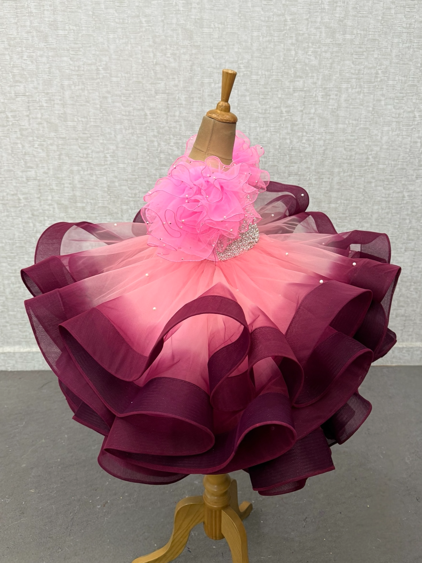 Designer Gown for Girl Online, Pink & Maroon Ombre Ruffled Gown