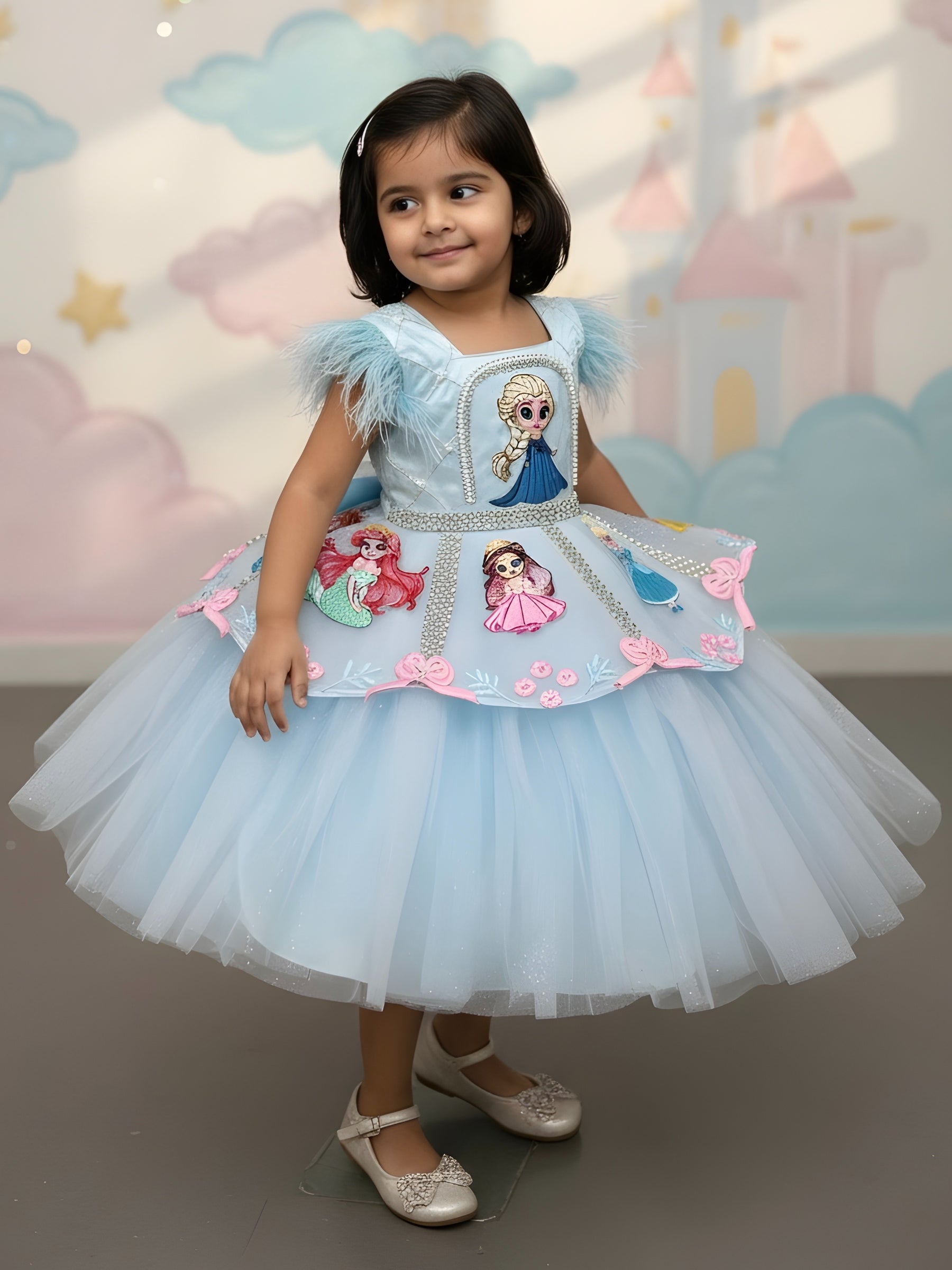 Icy Blue Fairy tale Princess Dream Feather-Trim Designer Ball Gown