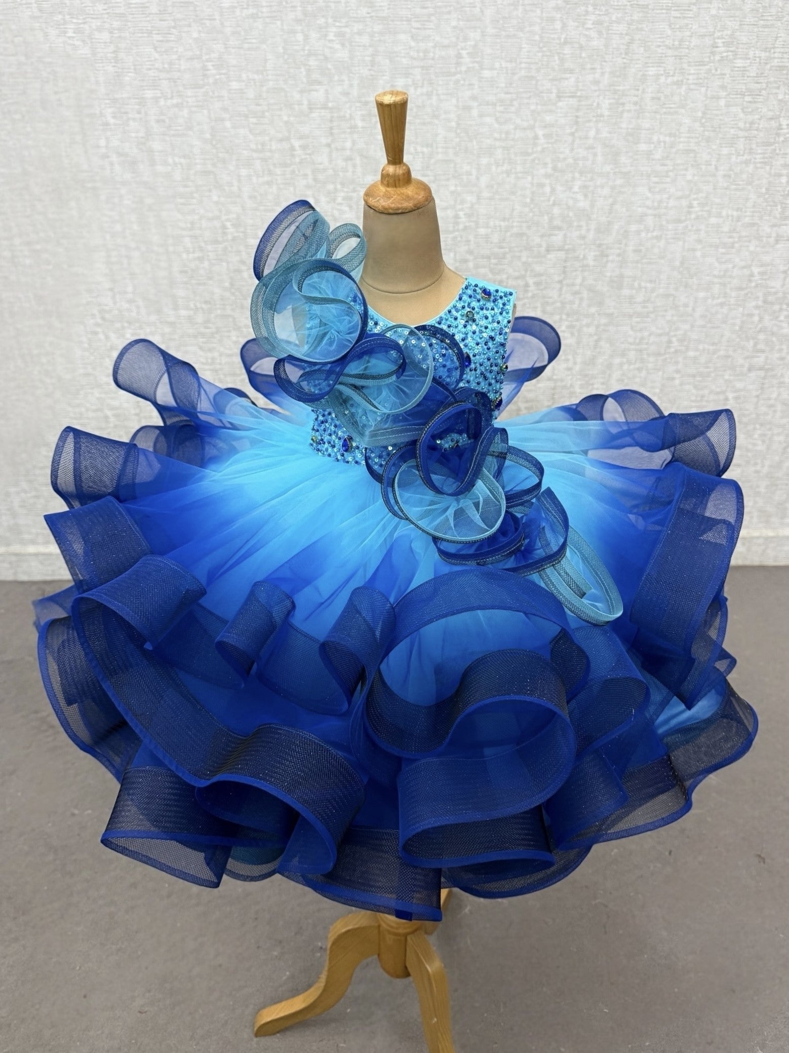 Royal Sapphire Cascade Crystal Ruffle Princess Designer Ball Gown